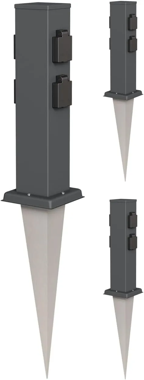 ledscom.de 3 Stück Garten-Steckdosen-Säule Polly mit Erdspieß für außen, IP44, 4-Fach, Edelstahl, eckig, anthrazit, 40cm