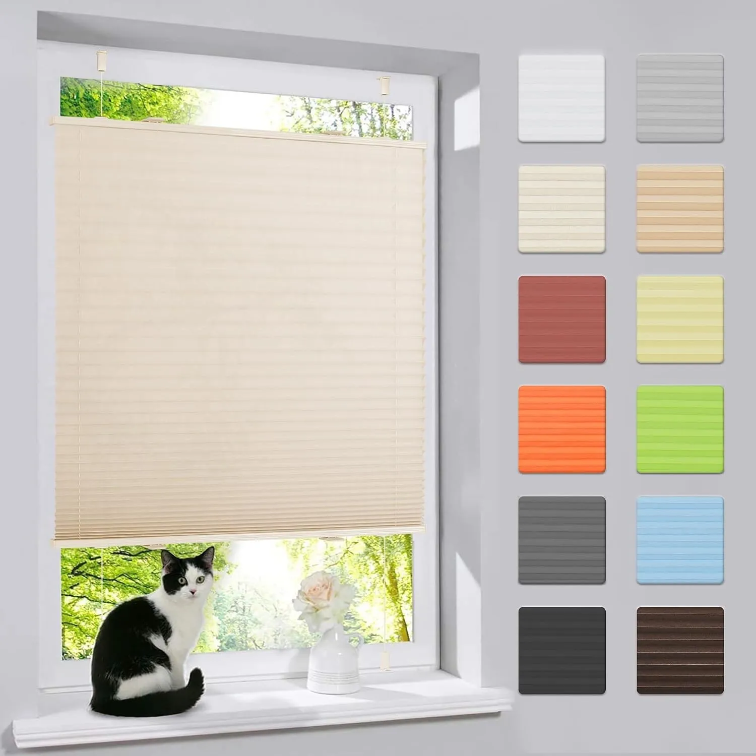 bobodeco Plissee ohne Bohren Klemmfix Faltrollo Jalousie Beige 80x110cm (BxH), Plisseerollo Sichtschutz und Sonnenschut…