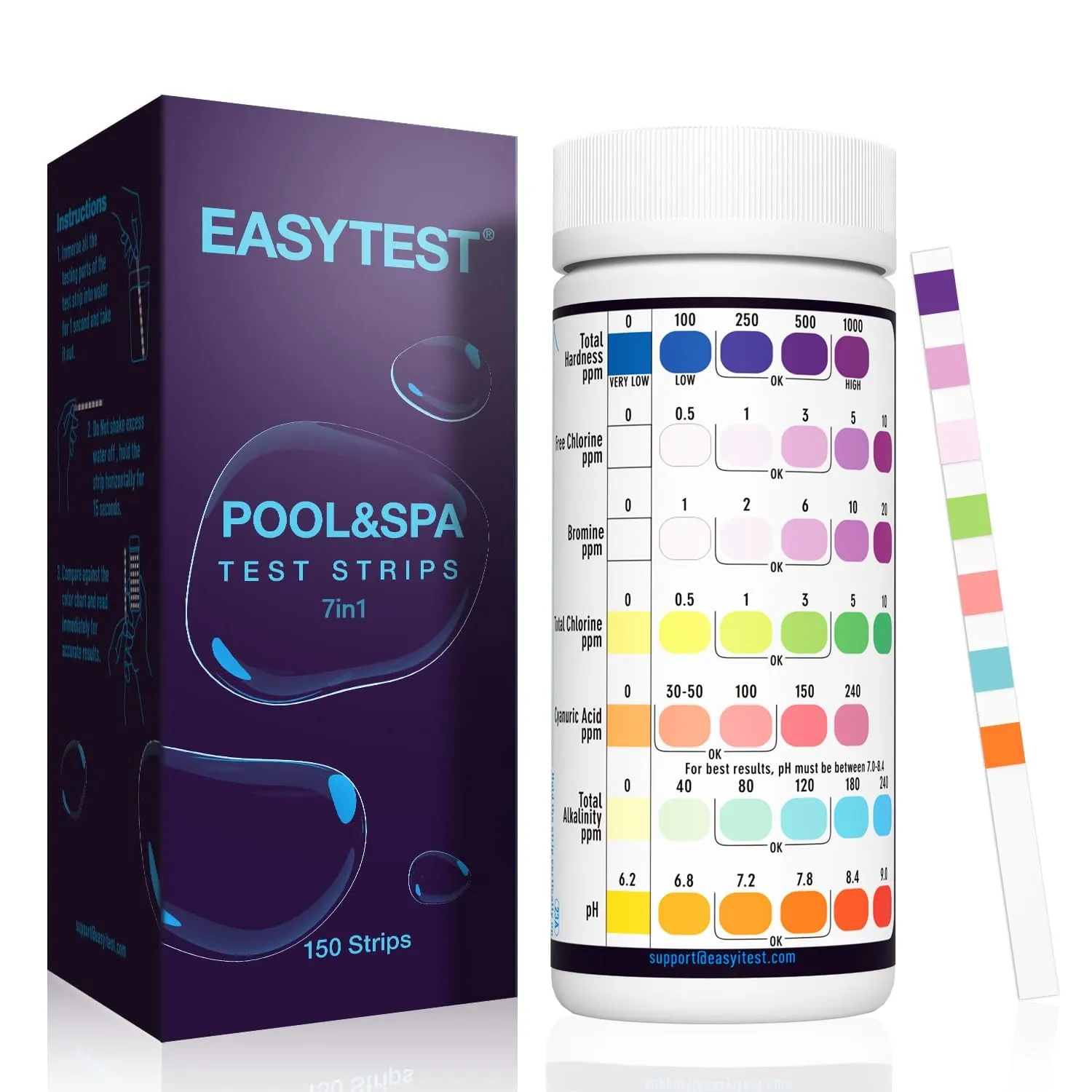 EASYTEST 7 IN 1 Pool Teststreifen für Pools und Spas - 150 - pH, Brom, Gesamtalkalinität, freies Chlor, Gesamthärte, Cy…