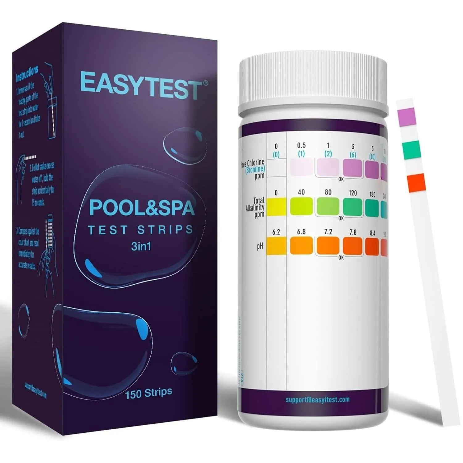 EASYTEST 3-in-1 Pool Teststreifen für Spa, 150 Stäbchen pH Wert Teststreifen Wassertest-Set Genauer Tester für freies C…
