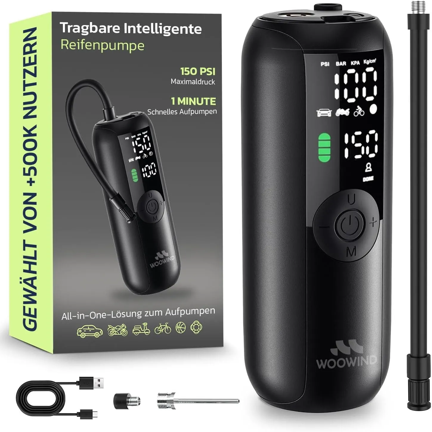 Woowind Luftpumpe Fahrrad für Auto, Fahrrad & Moto, Auto-Stopp, 10,3 BAR | Fahrradpumpe Elektrisch, Akku Kompressor, 1-…