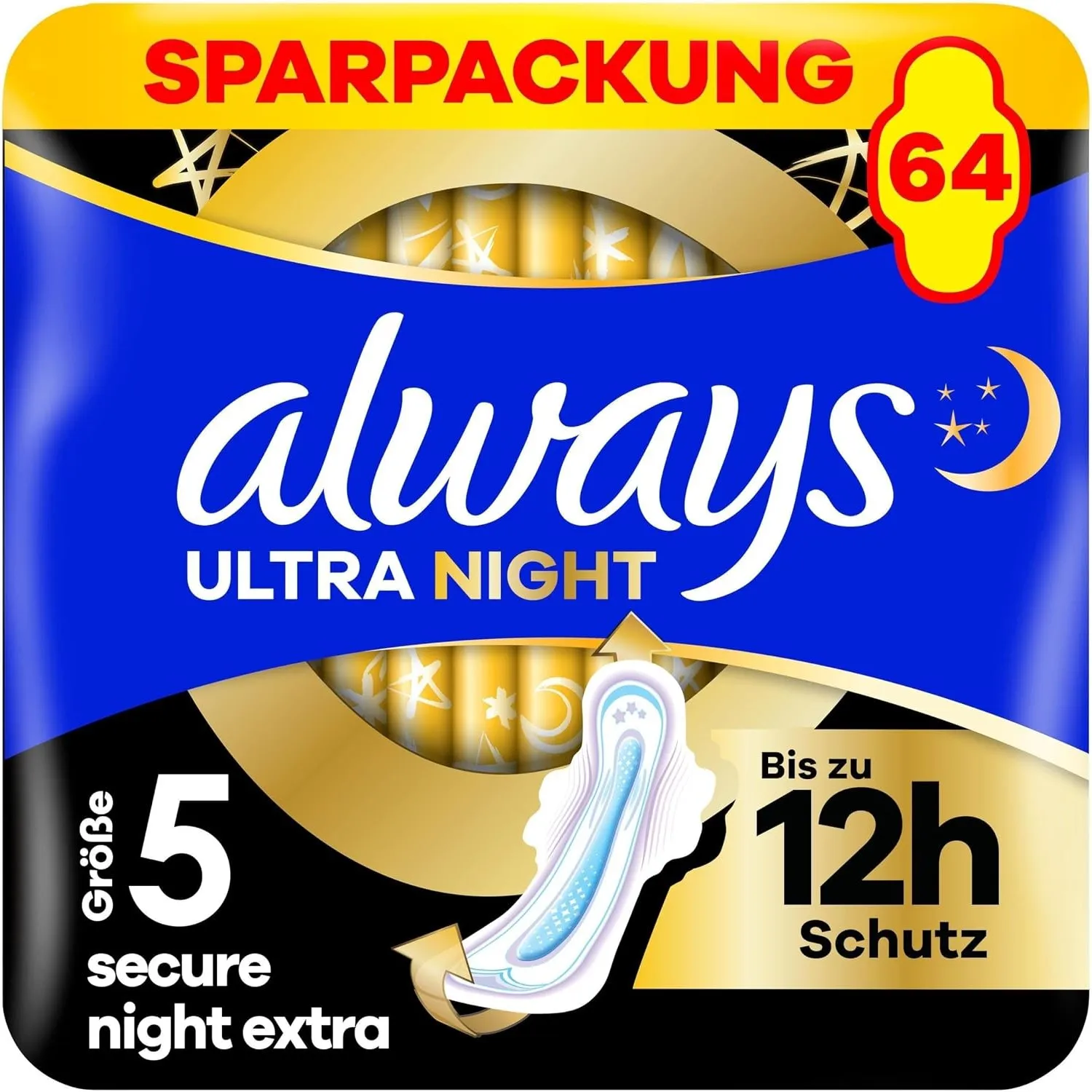 Always Ultra Binden Damen Gr. 5, Secure Night Extra, 64 Damenbinden mit Flügeln (4 x 16 Stück) Multipack, dünn und supe…