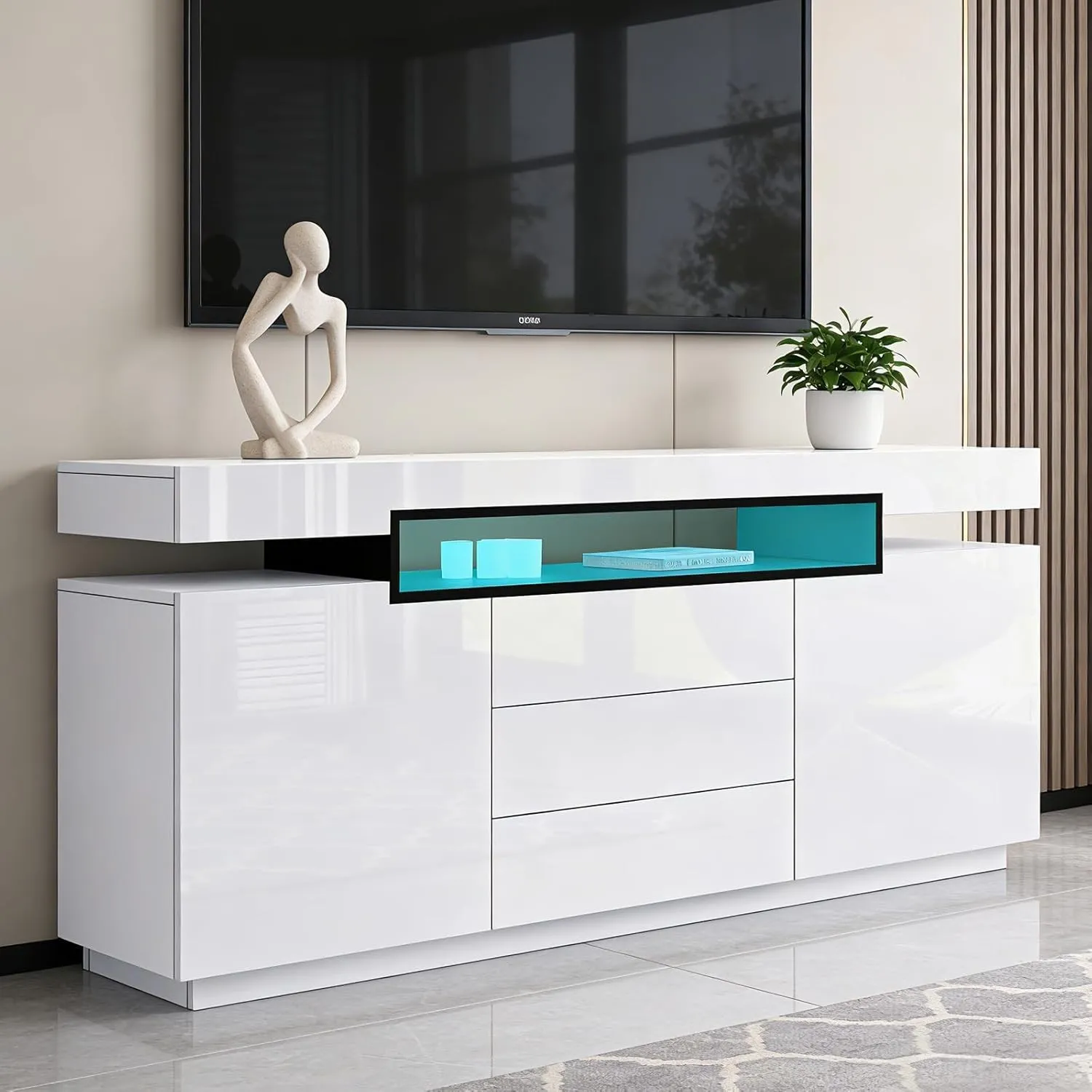 Modernes Weiß Glanz Sideboard, LED Sideboard Aufbewahrungsschrank, 160 x 35 x 72 cm, Wohnzimmer, 2 Türen, 3 Schubladen,…