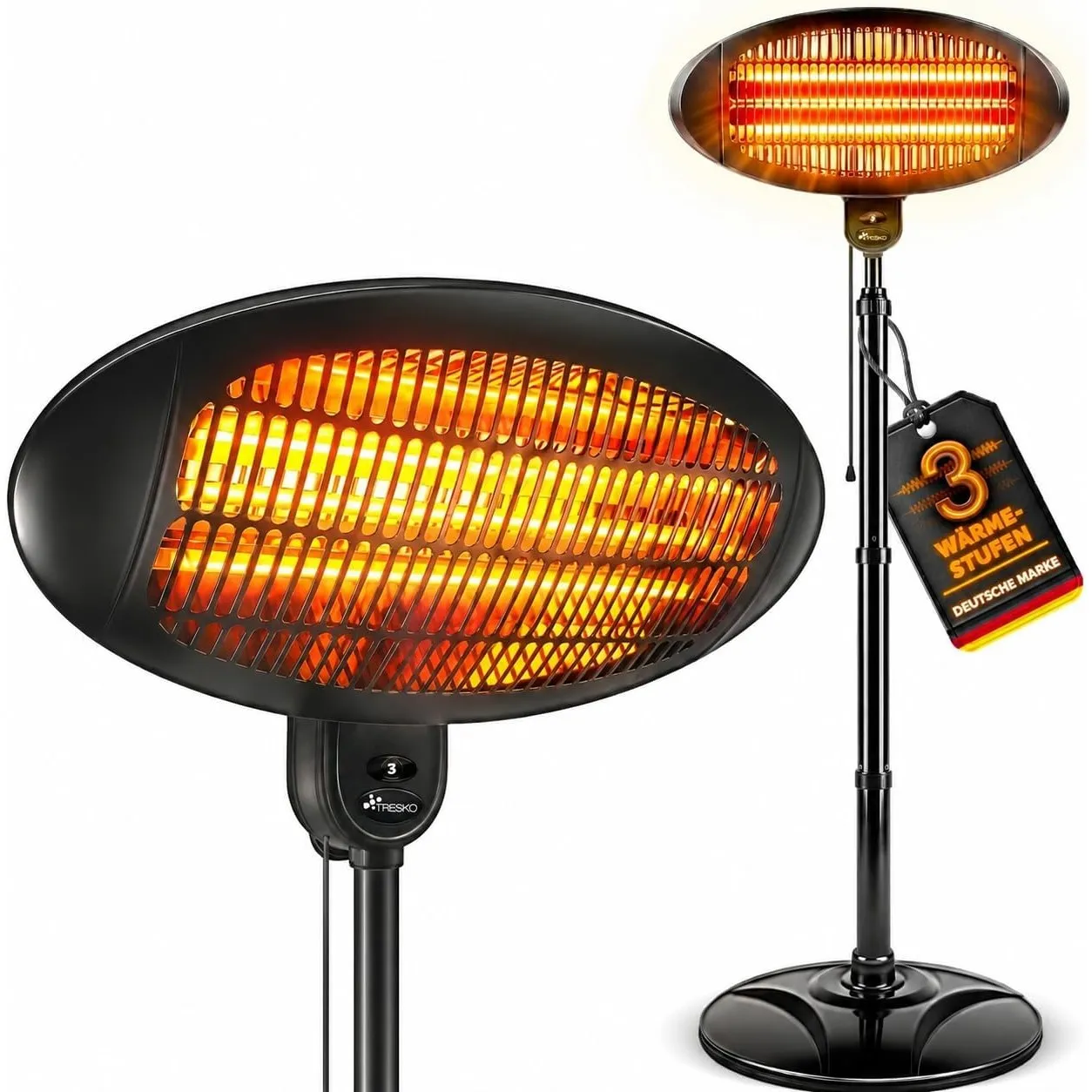 TRESKO® Infrarot Stand-Heizstrahler 2000W mit 3 Heizstufen & LED-Anzeige