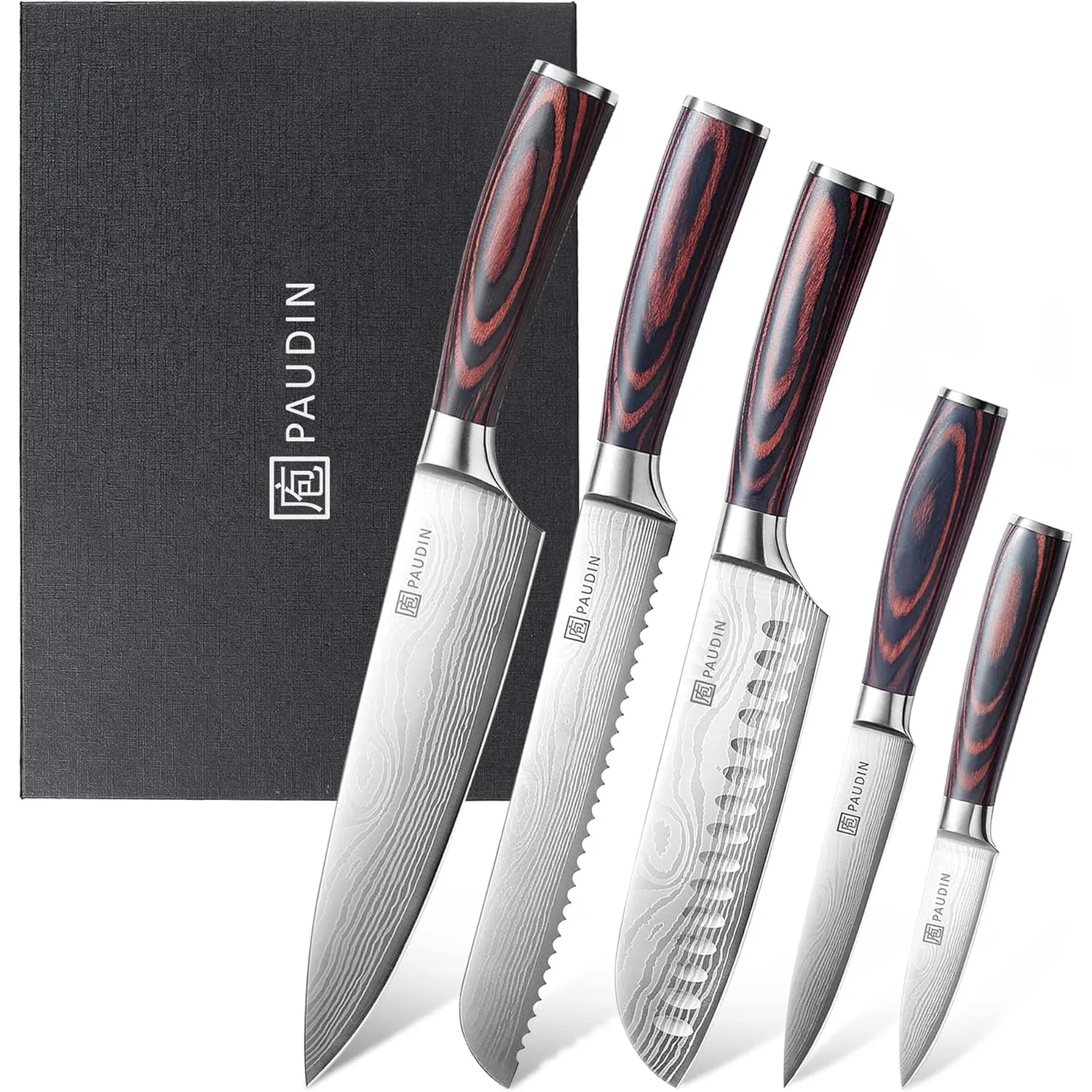 PAUDIN Küchenmesser Set, 5-teilig Küchenmesserset aus hochwertigem Carbon Edelstahl, Ultra Scharfes Messerset mit Chefm…