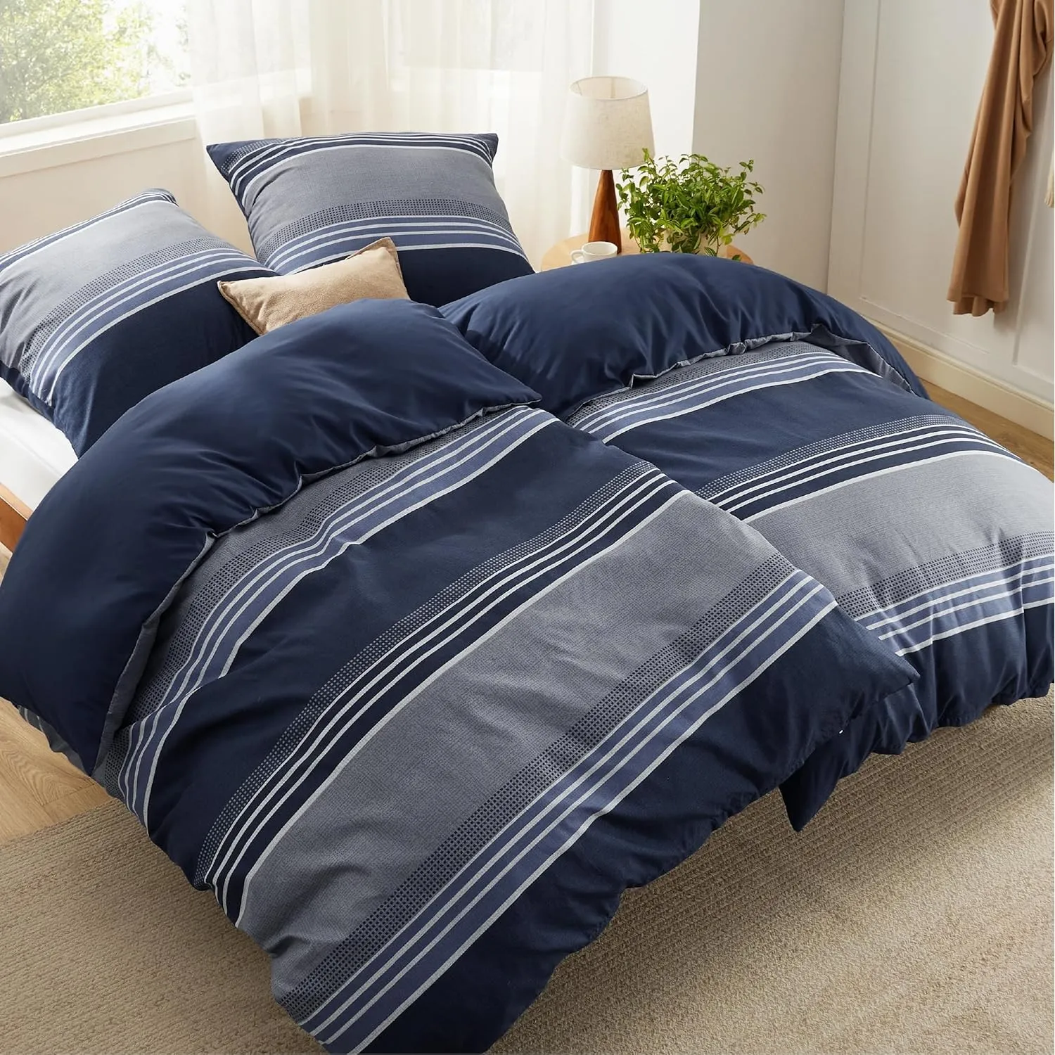BEDSURE Bettwäsche 135x200 4teilig - Blau Gestreift, 2x80x80 Kissen | Mikrofaser Bettwäsche-Sets Wendebettwäsche, Oeko-…