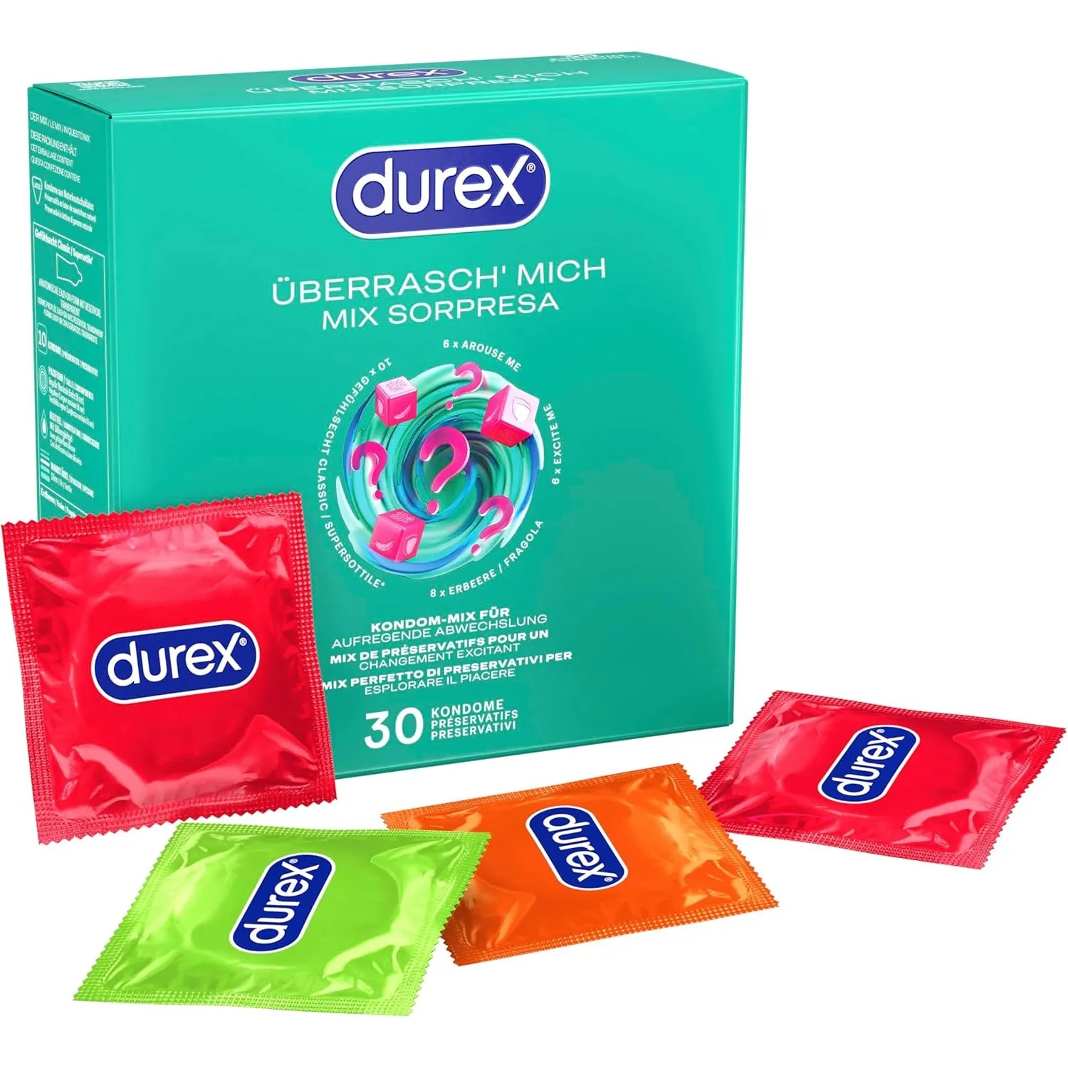 Durex Überrasch' Mich Kondome – Mixpack - Probierpaket - JGA - 30er Großpackung (1x 30 Stück)