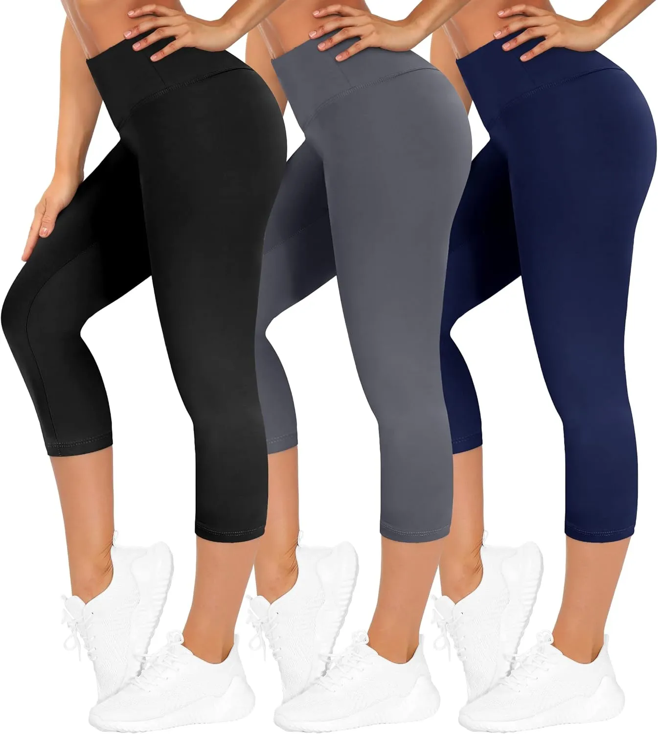 TNNZEET Pack of 3 Capri Leggings, Women's High Waist Black Leggings, Opaque for Sports Gym