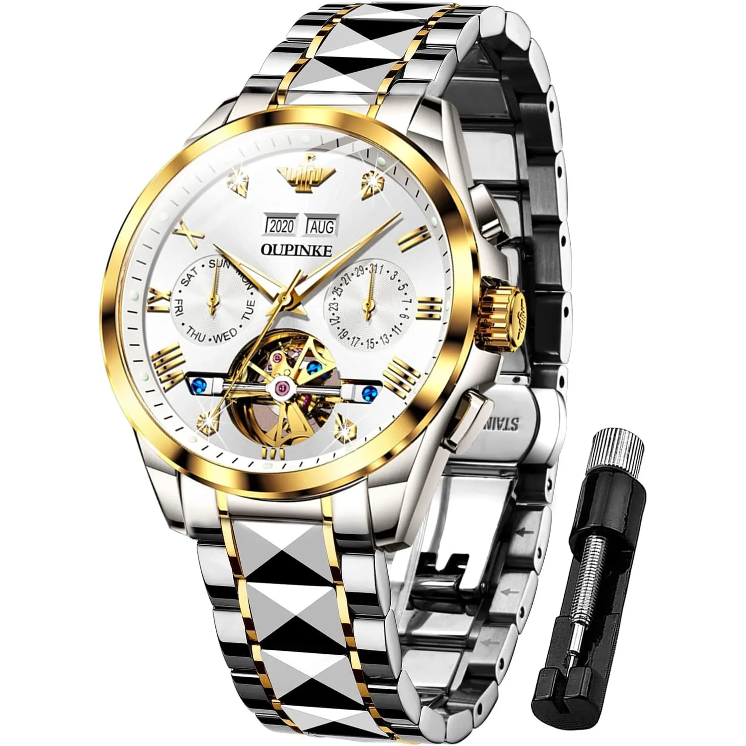 OUPINKE Herrenuhr Automatik Mechanische Armbanduhr mit Mondphase Wasserdicht Luminous Tag Datum Zweifarbige Edelstahlar…
