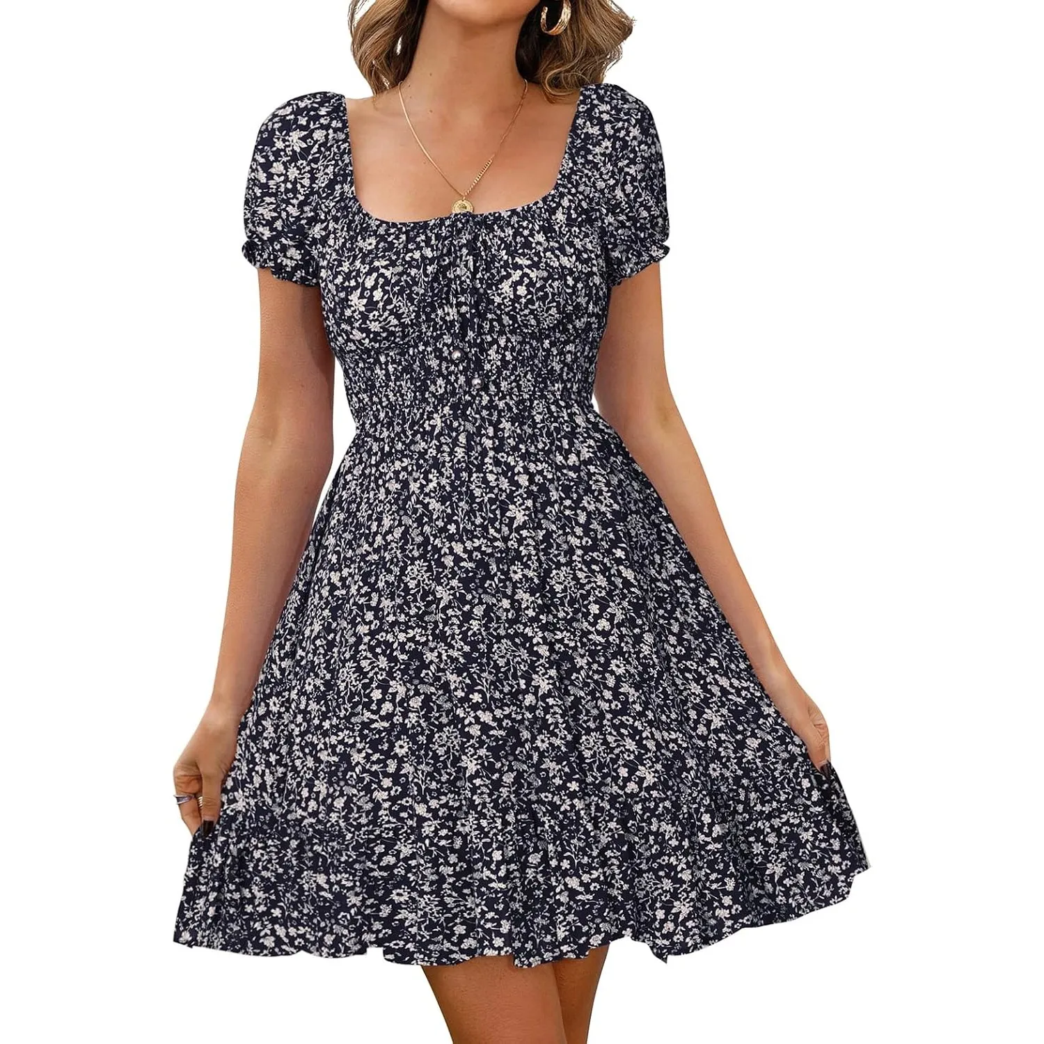 Livonmone Damen Kleid Lässig Sommerkleid Blumendruck Hohe Taille Kleider Puff Ärmel Retro Sexy Casual Tunika Beach Mini…