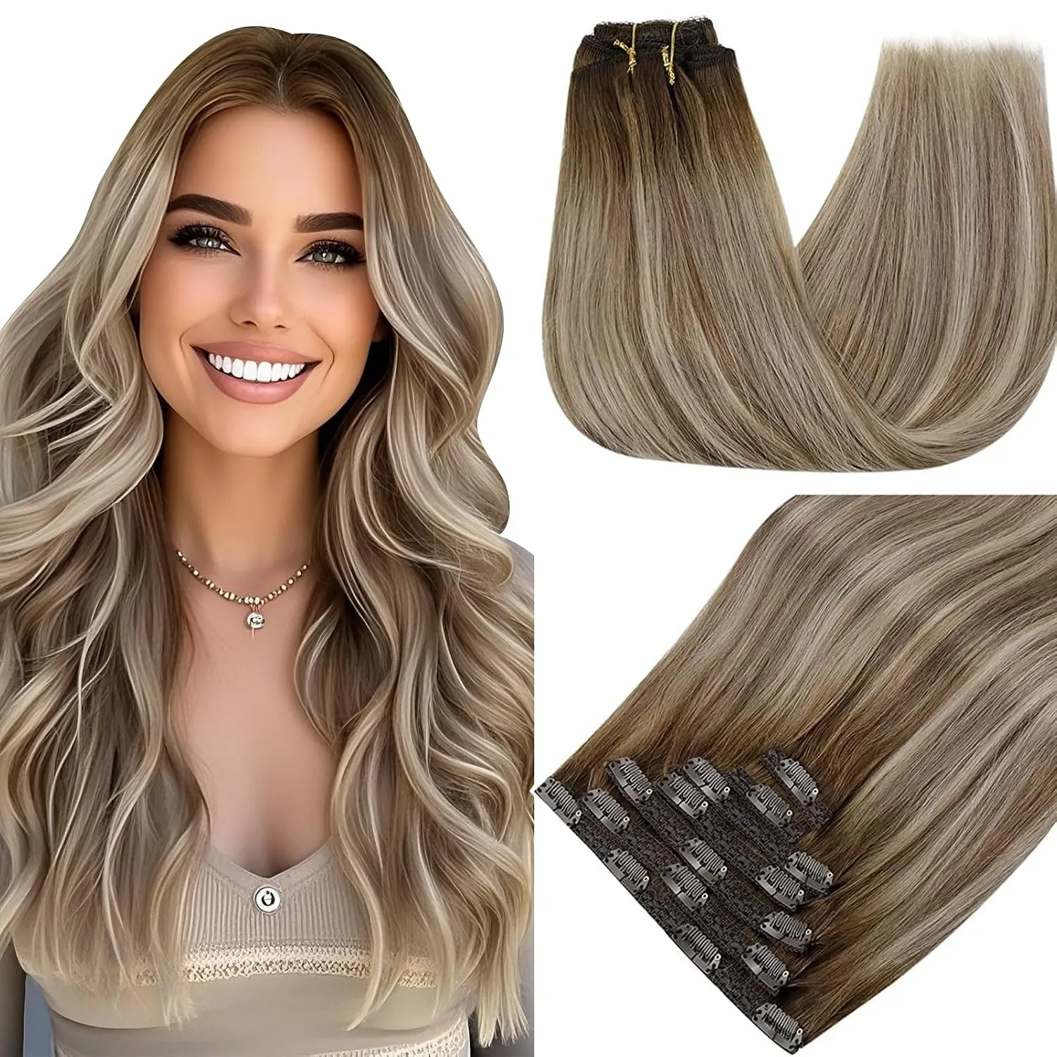 RUNATURE Clip in Extensions Echthaar Braun Blond 45cm 7pcs 120g #3/8/22