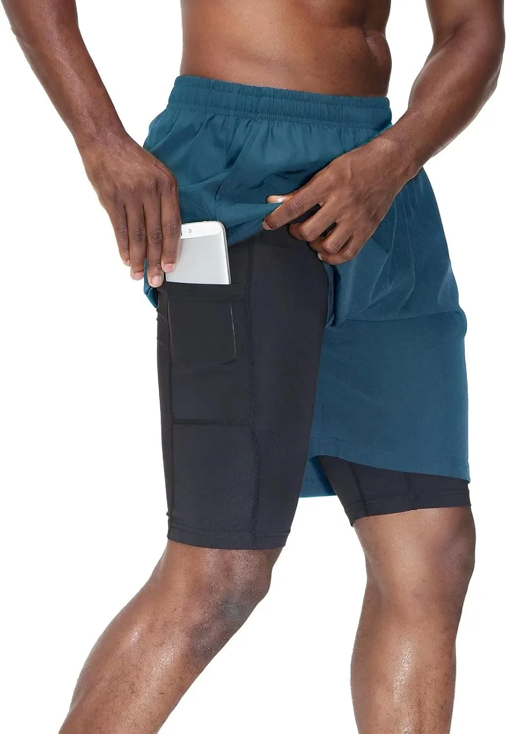 HMIYA Herren 2 in 1 Shorts Fitness Sporthose Kurz Jogginghose Schnelltrocknende Laufhose mit Kompressionsshorts und Tas…