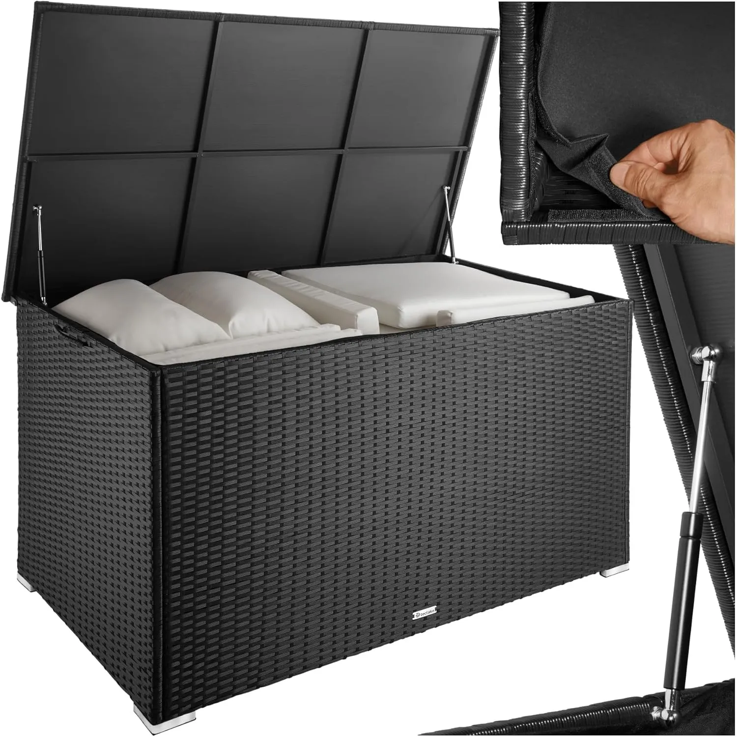 tectake® Aluminium Polyrattan Aufbewahrungsbox mit Deckel, 750L, Gartenkiste wetterfest, Gartenbox mit Gasdruckfedern, …
