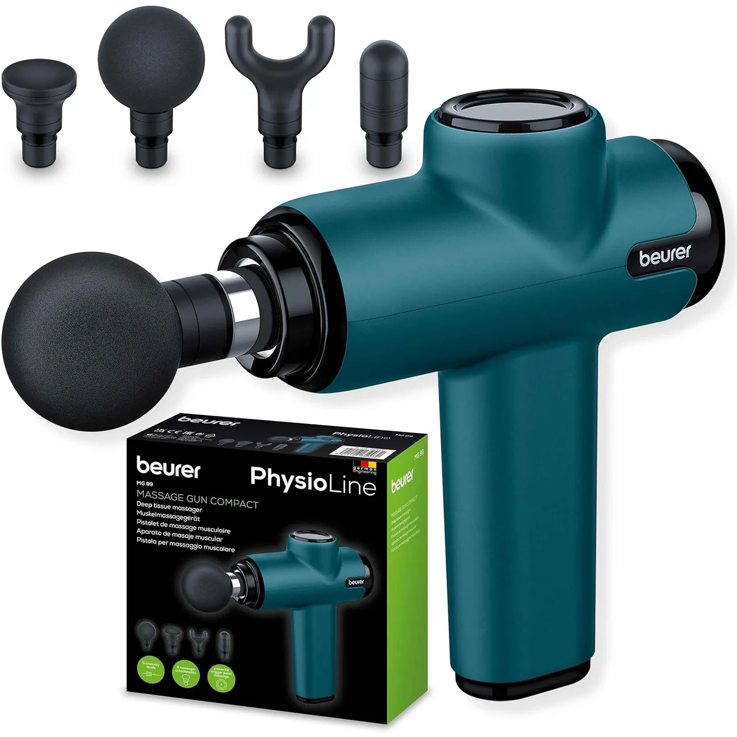 Beurer MG 99 Massagepistole, handliche Massage Gun mit 4 Aufsätzen, kraftvolle Triggerpunktmassage, Lockerung von Versp…