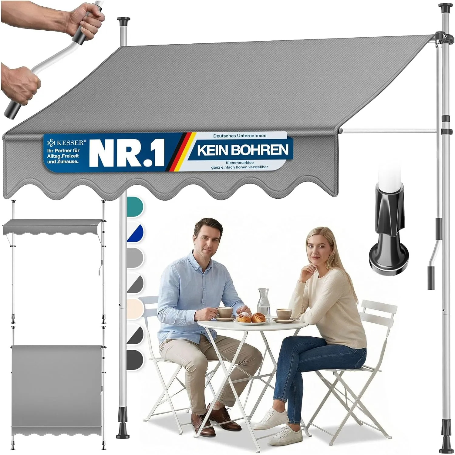 KESSER® Klemmmarkise mit Handkurbel Balkon | Balkonmarkise ohne Bohren | Markise UV-beständig höhenverstellbar & wasser…