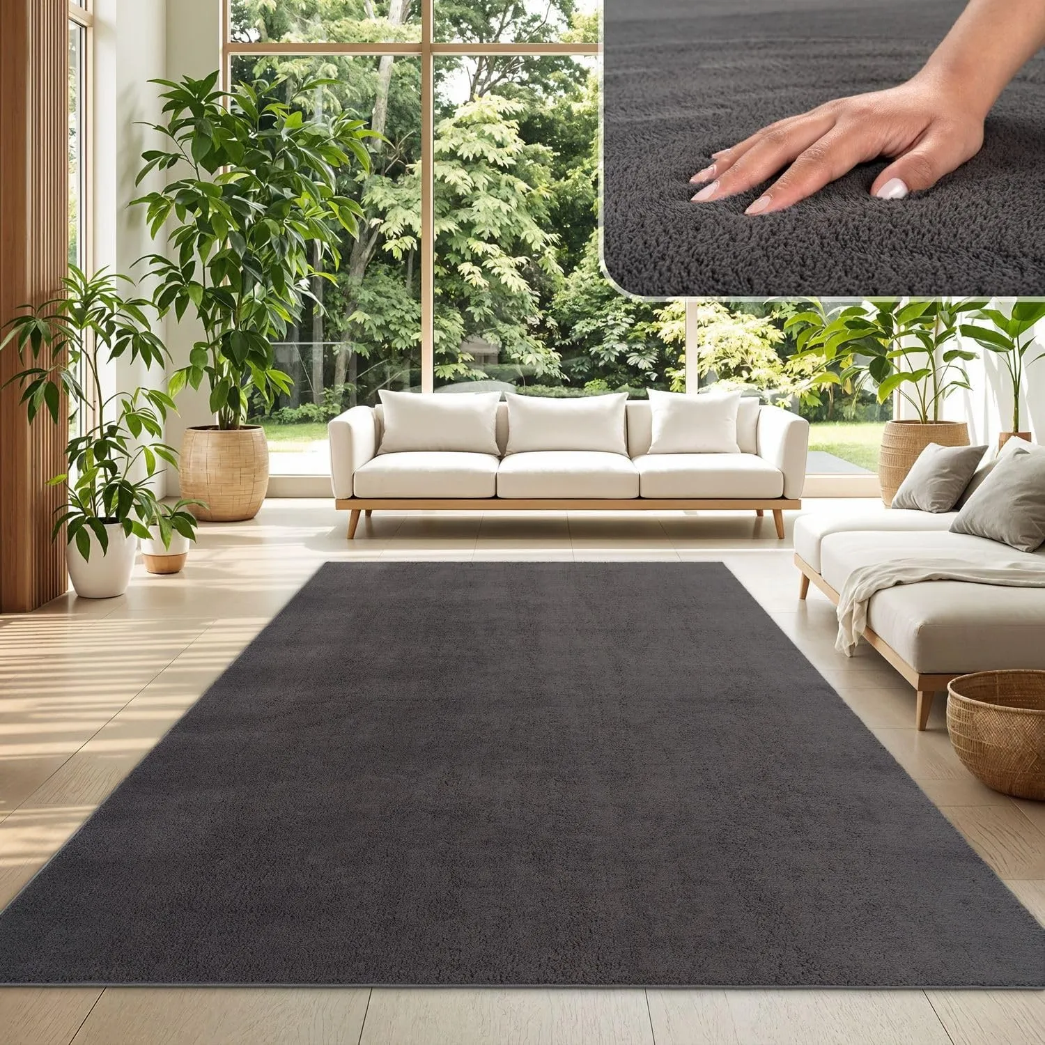 TT Home Teppich Wohnzimmer Anthrazit 300x400 cm, Waschbar & Kurzflor