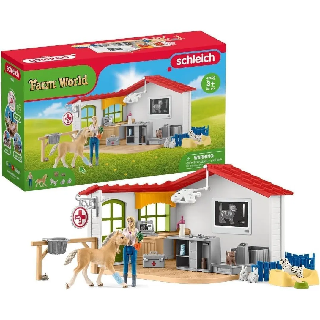 Schleich Farm World | Tierarzt Praxis mit Haustieren 42502 | Spielset inkl. Praxis, Tierärztin, Pferdefigur & andere Ba…