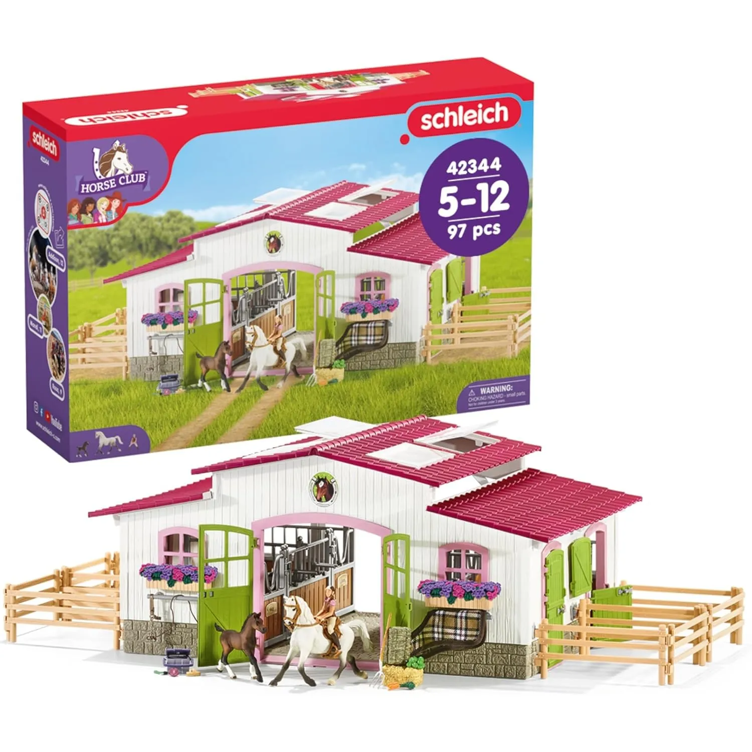Schleich Horse Club | Reiterhof mit Reiterin und Pferden 42344 | Set aus Stall, Mädchenfigur, 2 Pferden & Zubehör | Ges…
