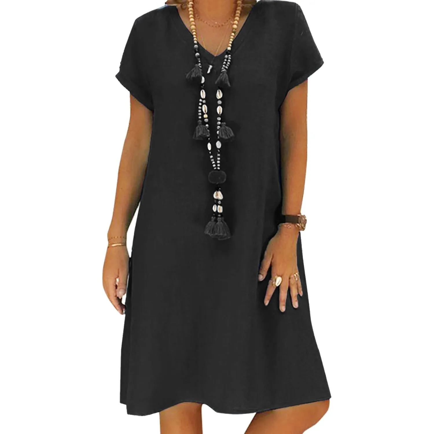 Tincini Sommerkleid Damen Leinen Kleider Casual V-Ausschnitt Midikleid Kurzarm A-Linie Kleid Strandkleid Ohne Zubehör