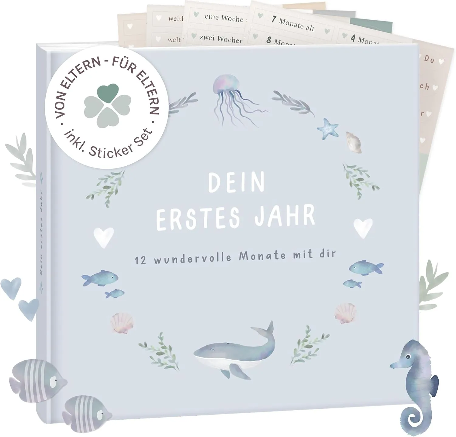 mintkind® Mein erstes Jahr Babyalbum Wal blau – sanftes Babytagebuch mit 176 Seiten und Sticker-Set für wertvolle Erinn…