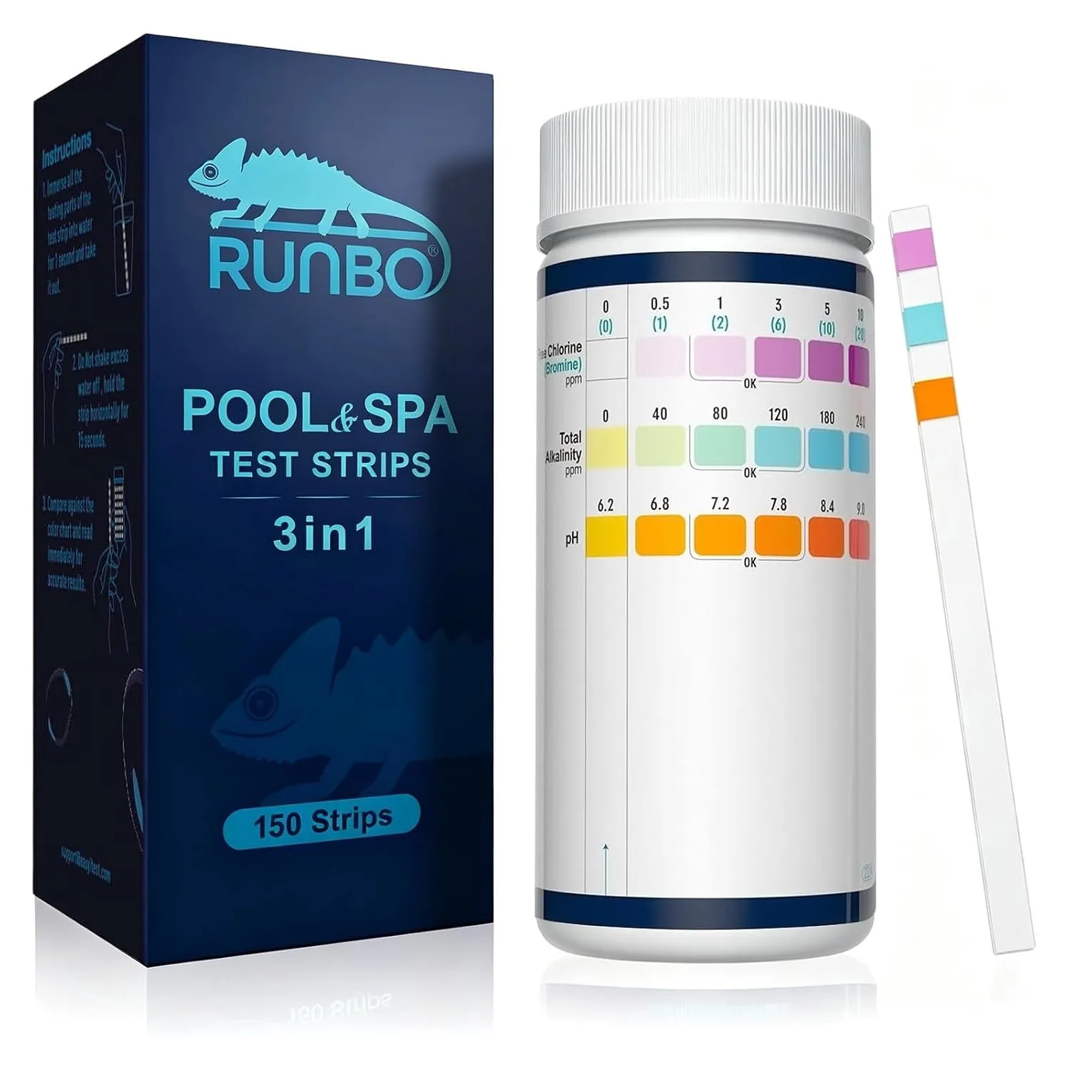 RUNBO 3-in-1 Pool-Teststreifen für Spa, 150 Stäbchen, Teststreifen, Wassertest-Set, genauer chemischer Tester für freie…