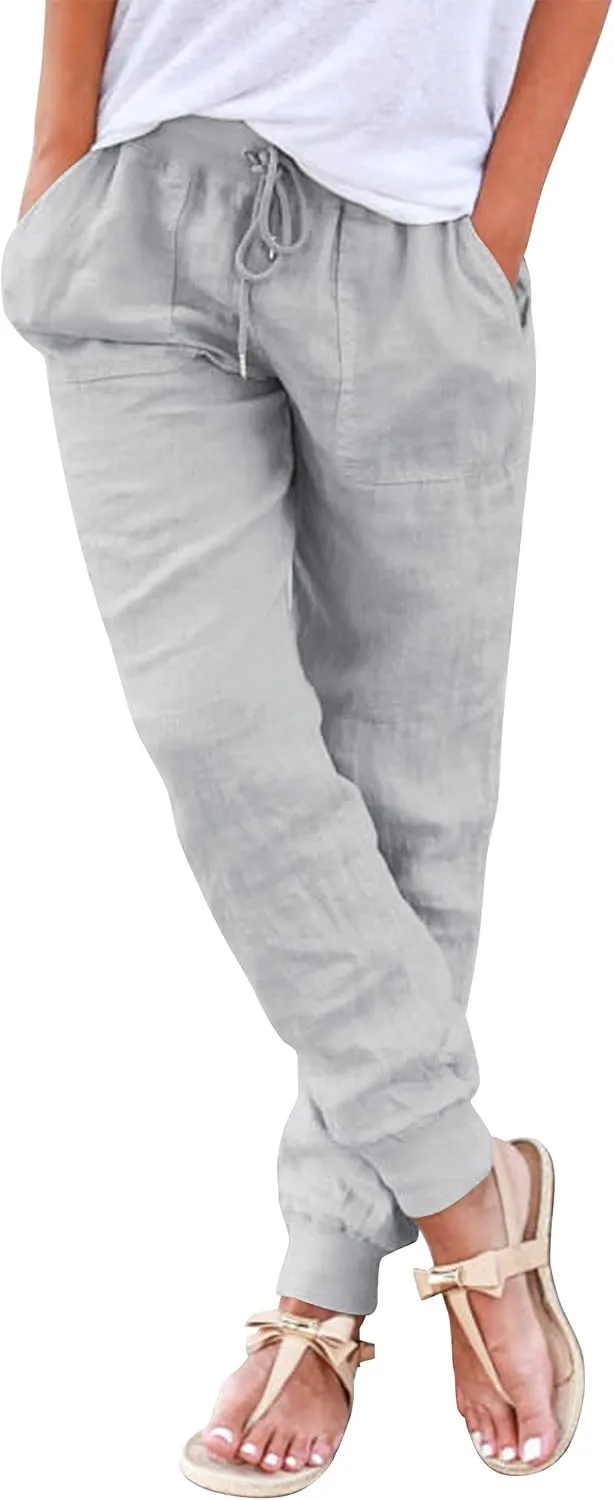 Women's summer casual cotton linen fabric trousers, plain casual trousers, stretch lightweight linen trousers, straight…