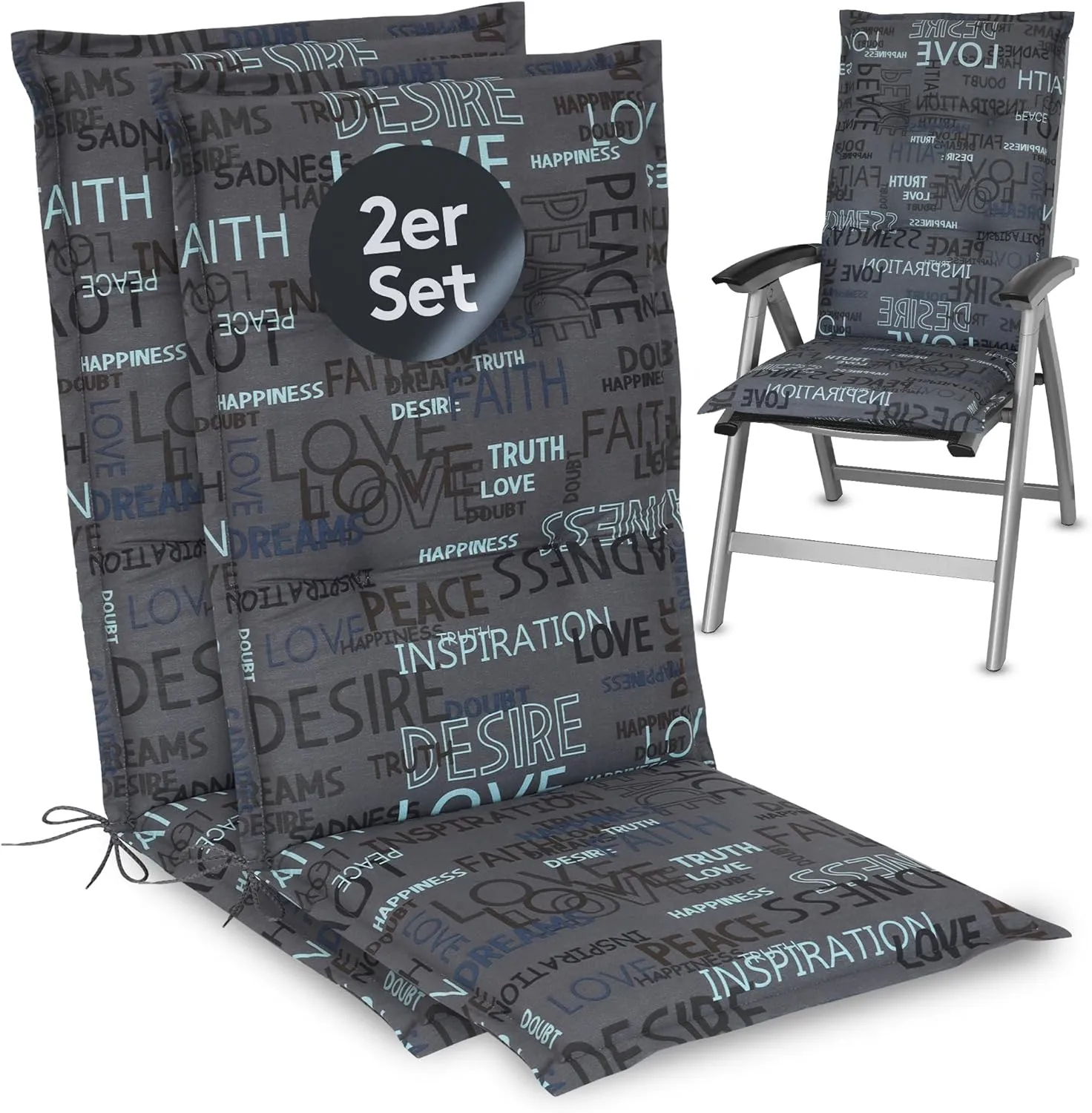LILENO HOME Garden Chair Cushions in Letters Anthracite [Set of 2 - High-Back] - Comfortable Loungers as Seat Cushions …