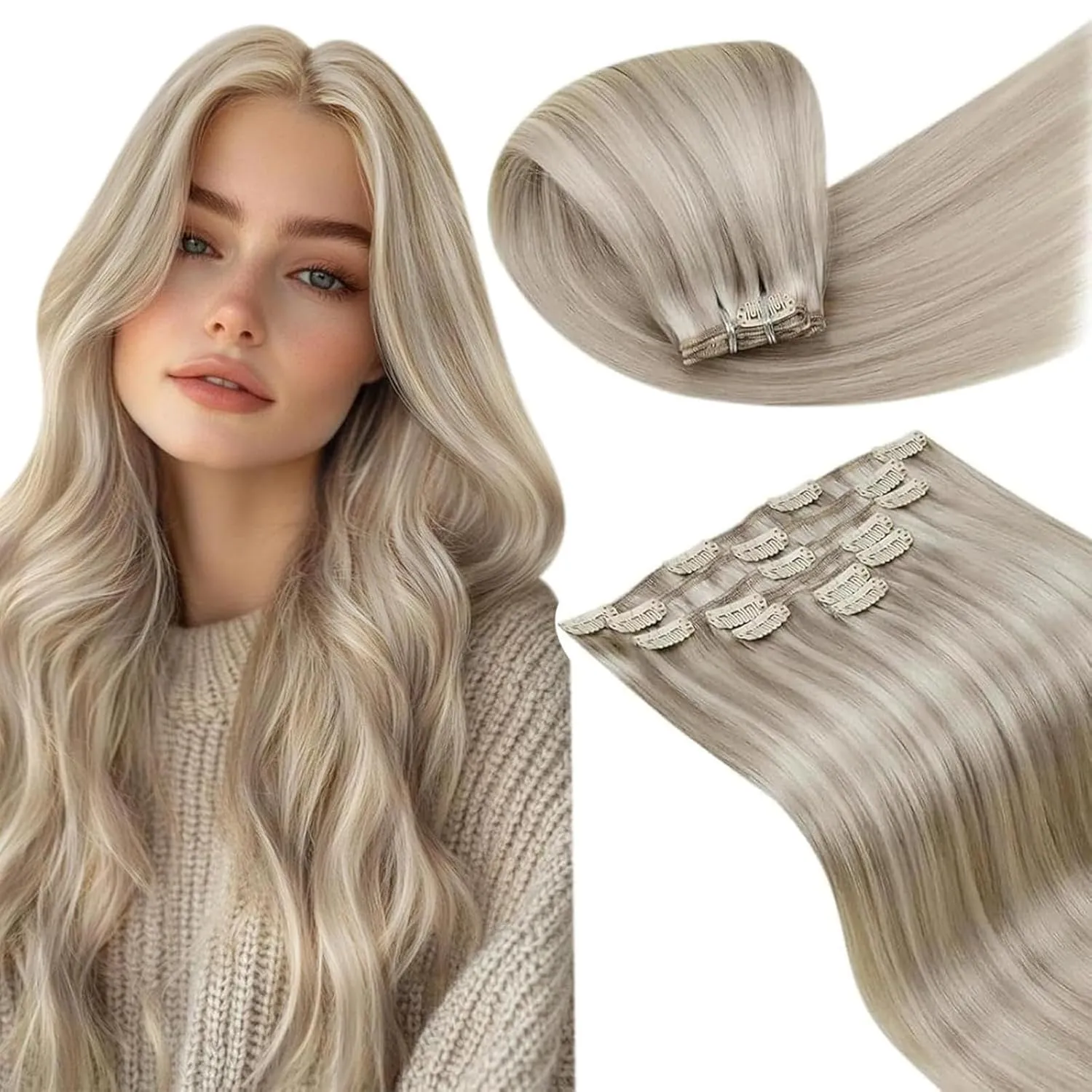 LaaVoo Blond Clip in Extensions Echthaar Highlight Echthaar Clip in Extensions 40cm Aschblond Highlight Gebleichtes Blo…