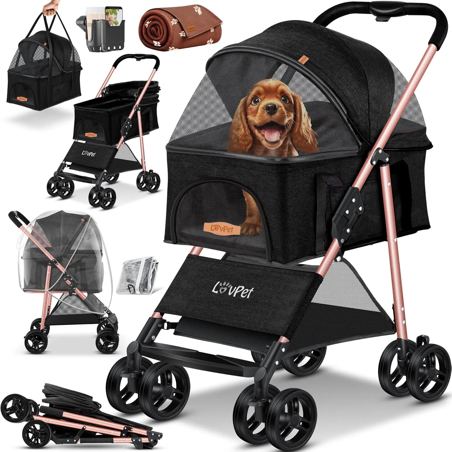 LOVPET® Hundewagen 2in1 Hundebuggy Hundebox Tragetasche Faltbar klappbar bis 20kg, mit 360°Drehrädern Inkl. Netzfenster…