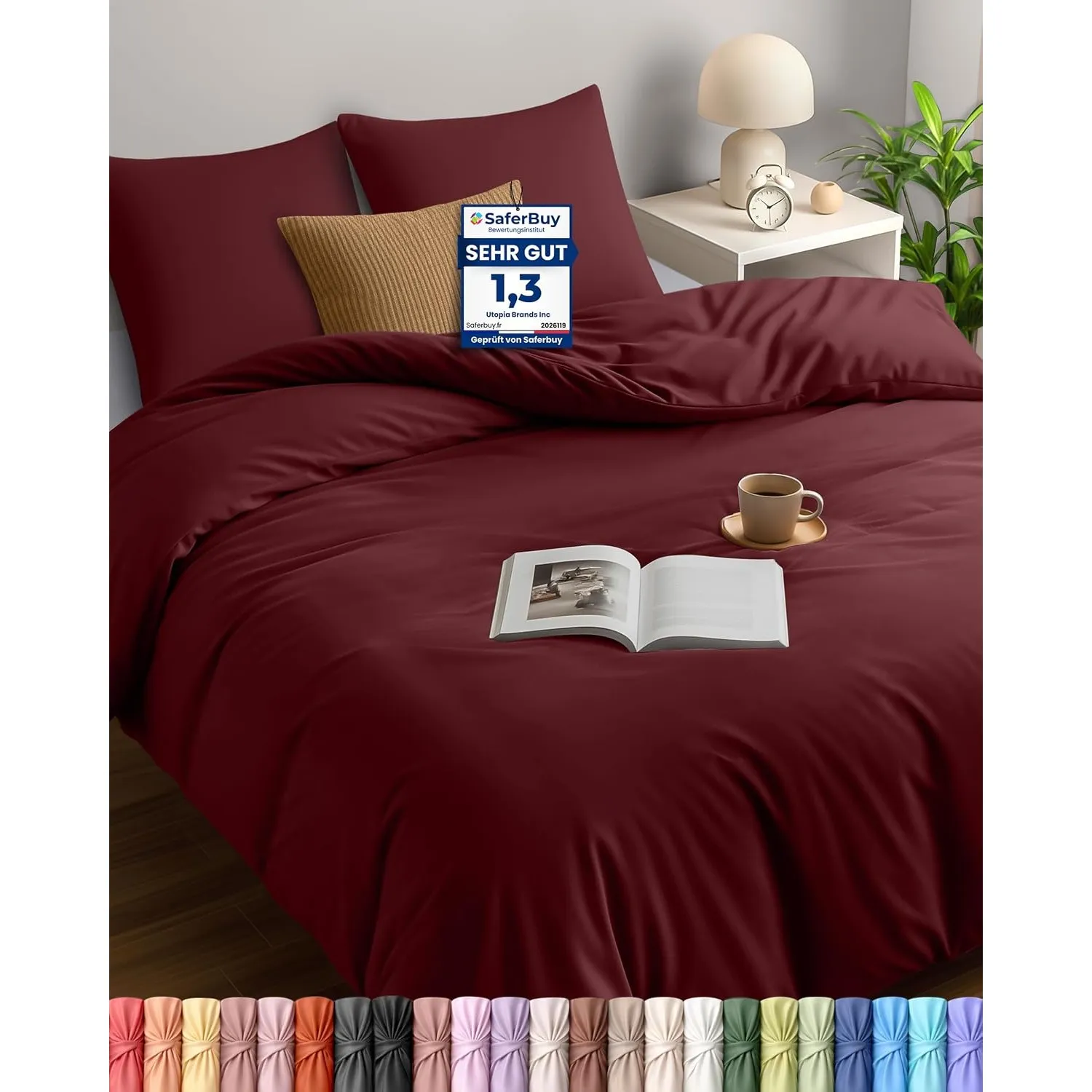 Utopia Bedding Bettwäsche 200x200 cm + 2 Kissenbezüge 80x80 cm, Burgund