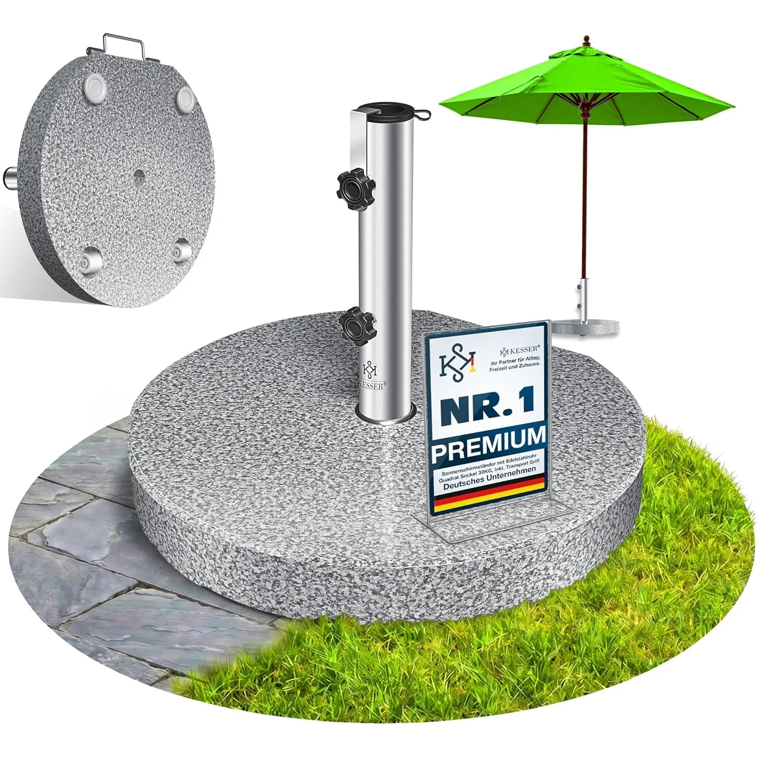 KESSER® Granit Sonnenschirmständer mit Edelstahlrohr, Hochwertiger Schirmständer Rund Sockel 30KG - für Schirmstöcke bi…