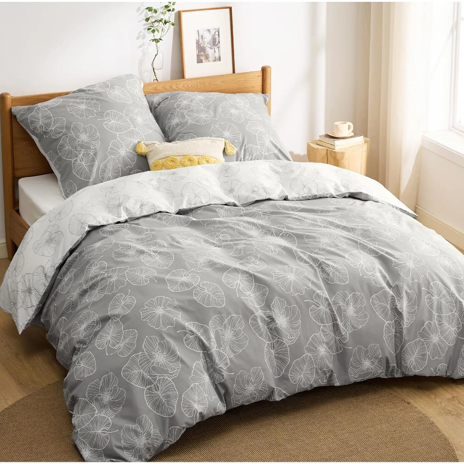 BEDSURE Bettwäsche 200x200 Baumwolle 3teilig - Grau Ginkgo