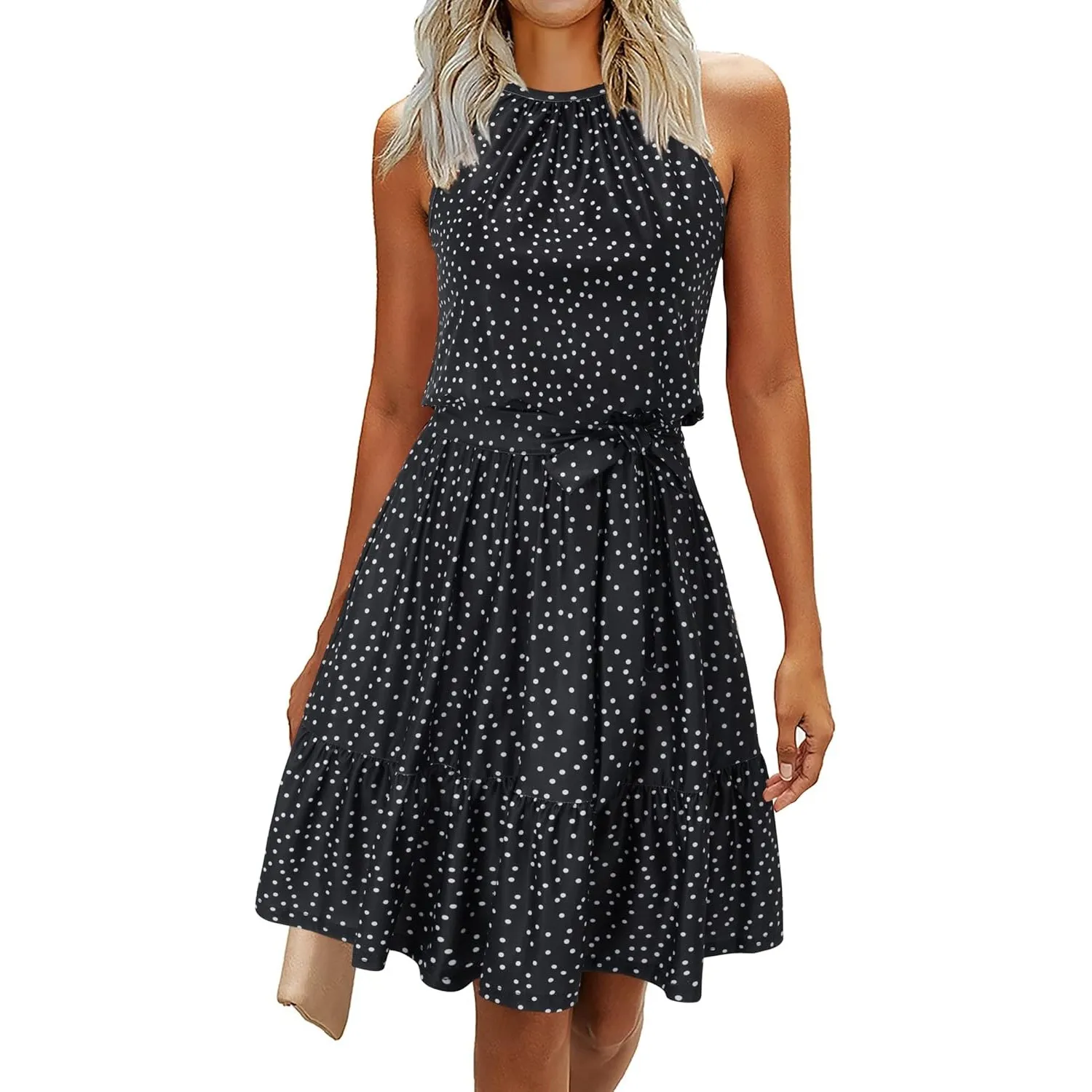 Newshows Sommerkleider Damen Knielang Elegant Kleid Blumenmuster Neckholder Rüschen Freizeitkleider mit Taschen