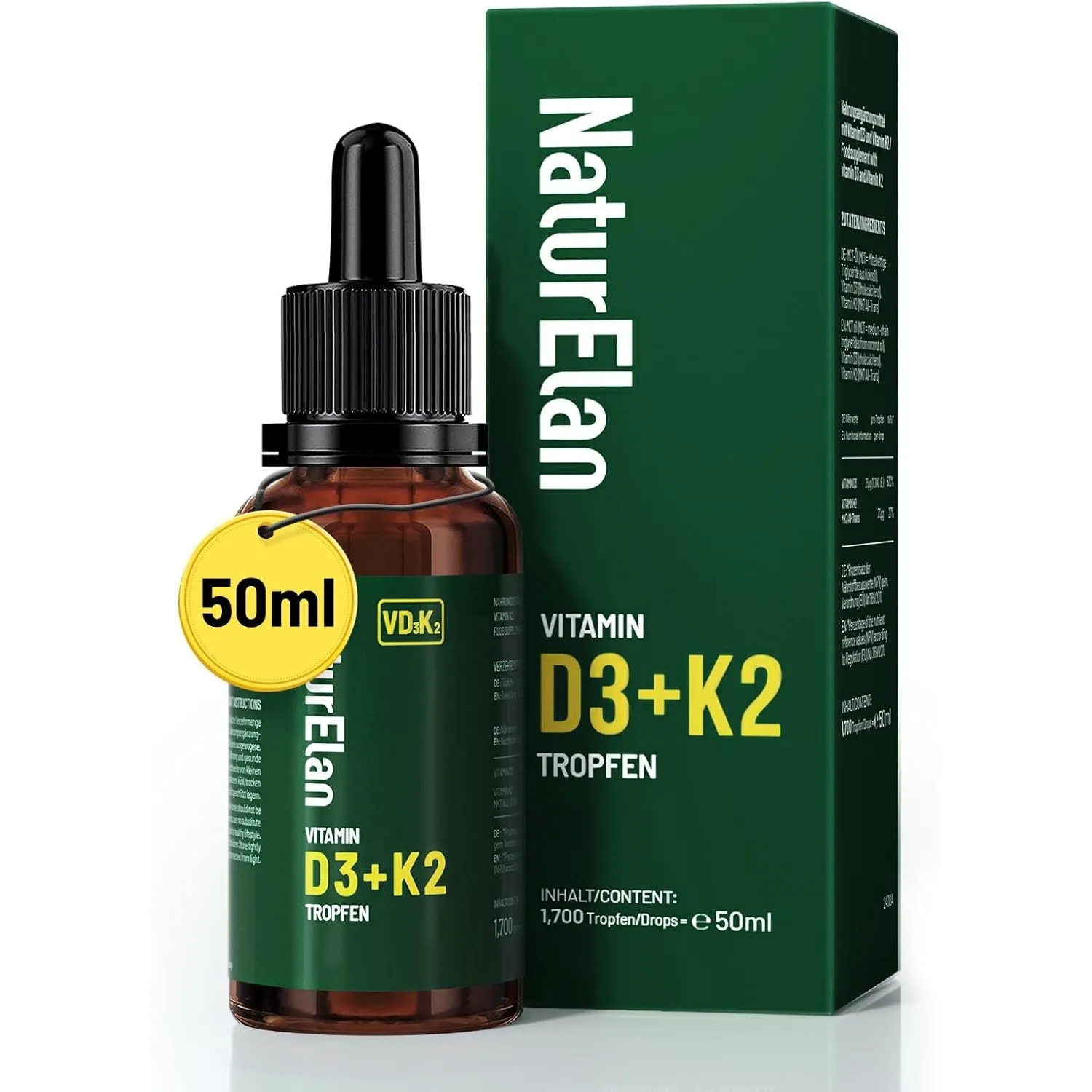 Vitamin D3 K2 hochdosiert Tropfen - 50ml, 1000 I.E. Vitamin D3 pro Tropfen, vegetarisch, ohne Zusätze, Laborgeprüft