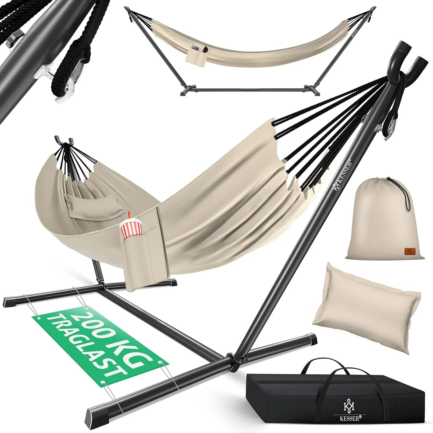 KESSER® Hängematte Lake mit Gestell, Doppel für 2 Personen, 200kg Belastbarkeit, Indoor & Outdoor, XXL Hängesessel, Gar…