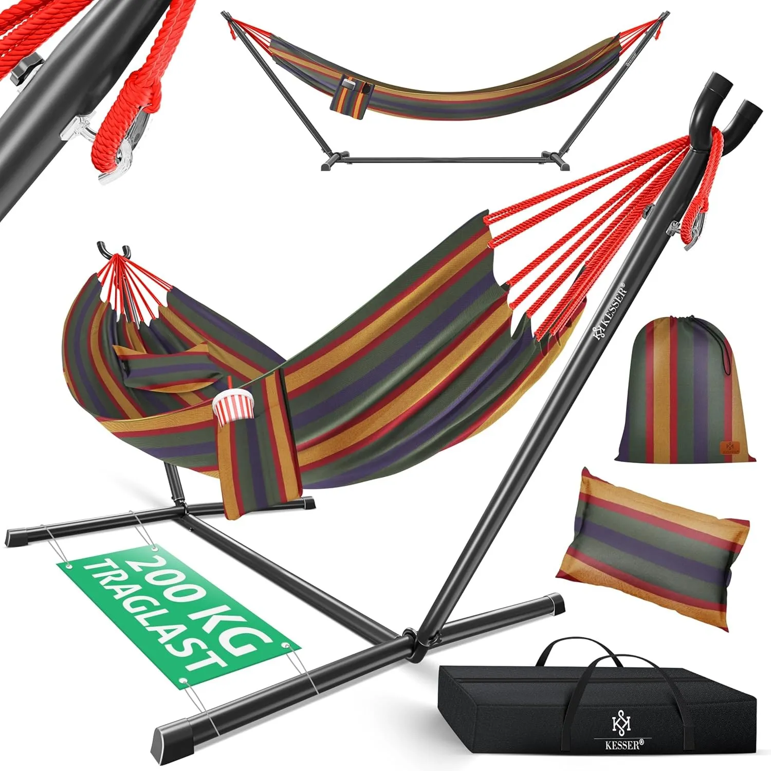 KESSER® Hängematte Lake mit Gestell, Doppel für 2 Personen, 200kg Belastbarkeit, Indoor & Outdoor, XXL Hängesessel, Gar…