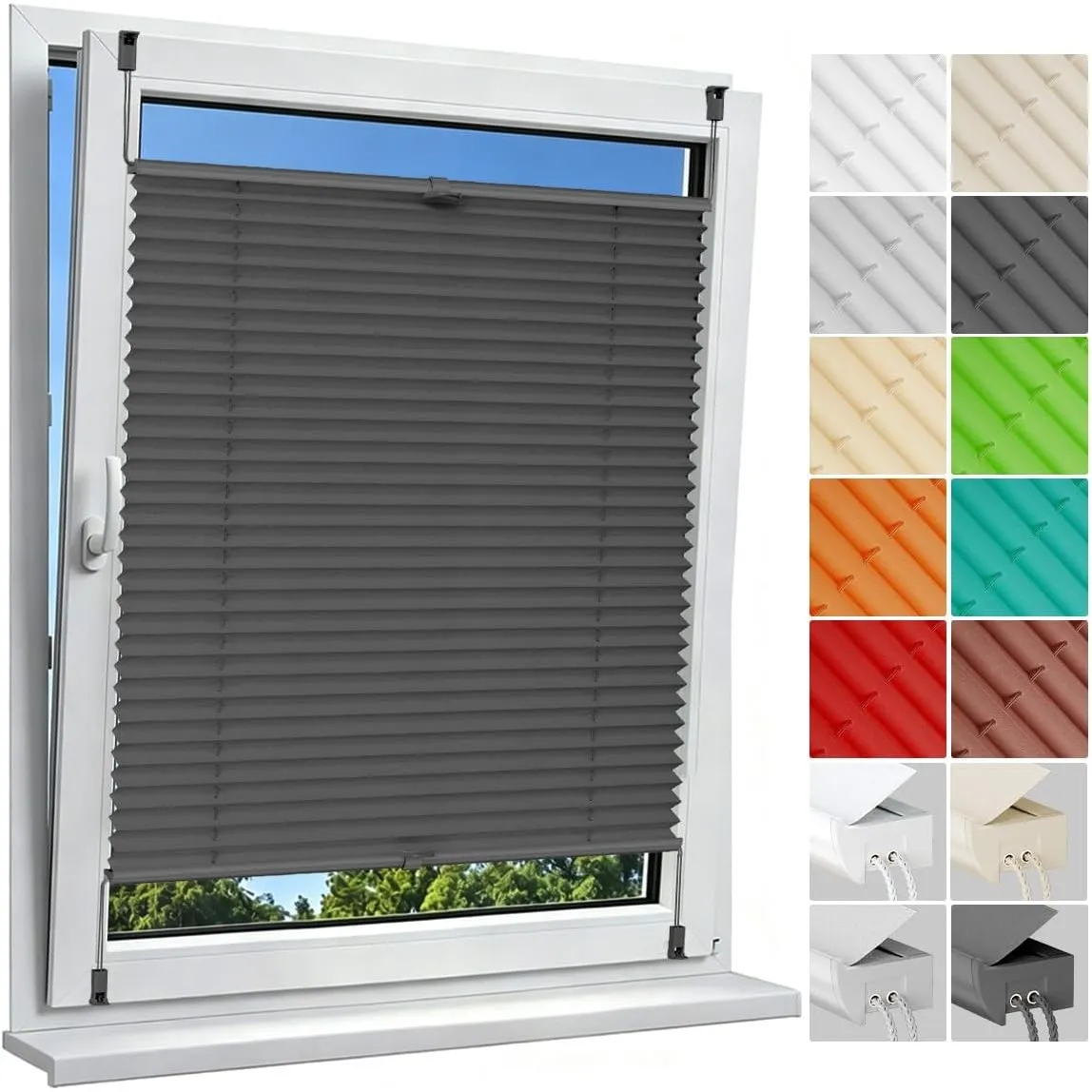 Allesin Plissee ohne Bohren Plissees Klemmfix Anthrazit 105x110cm(BxH), Plisseerollo Faltrollo mit Klemmträger, Jalousi…