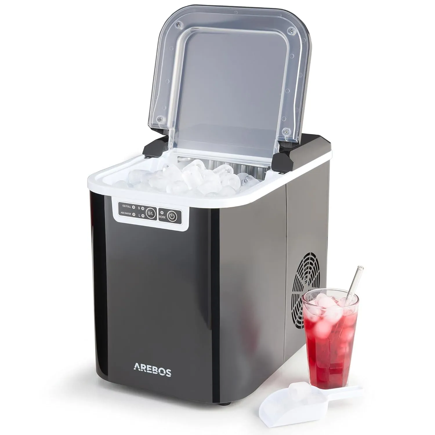 Arebos Eiswürfelmaschine | Selbstreinigend & Leise | 2 Eiswürfel-Größen | Große Eiswürfel | 12 kg/24 h | 2,2 L Wasserta…