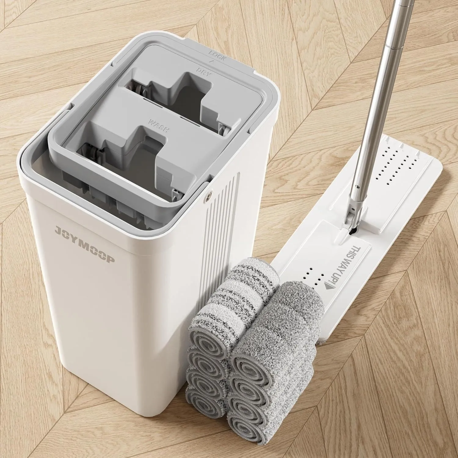 JOYMOOP Wischmopp und Eimer mit Auswringer-Set, Flacher Bodenwischer und Eimer, mit 8 Mikrofaser-Pads und verlängertem …