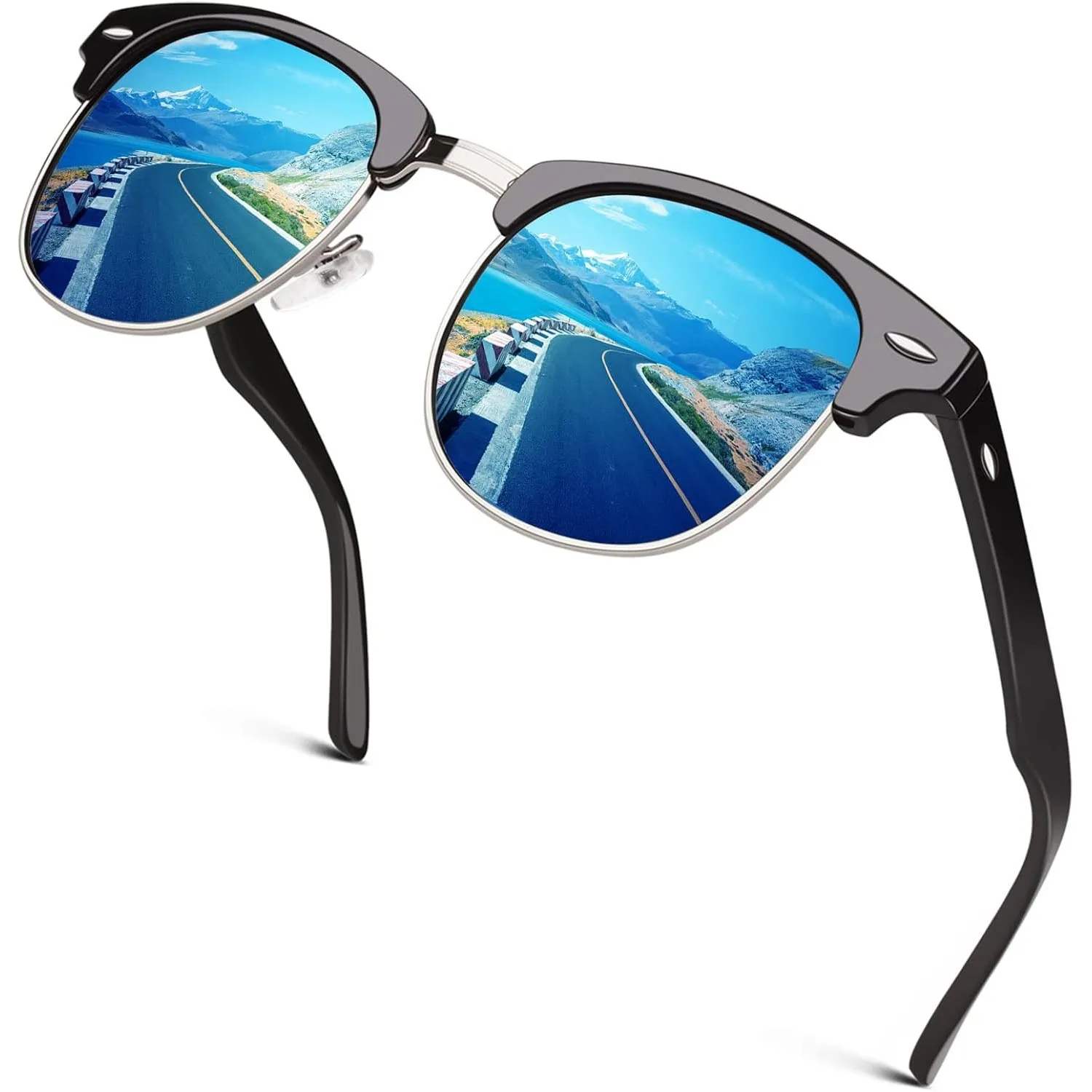 GQUEEN Horn Gestell Halbrahmen Retro Polarisiert Sonnenbrille Herren Damen | Leicht,Verstellbare Nasenauflagen,Angeln,A…
