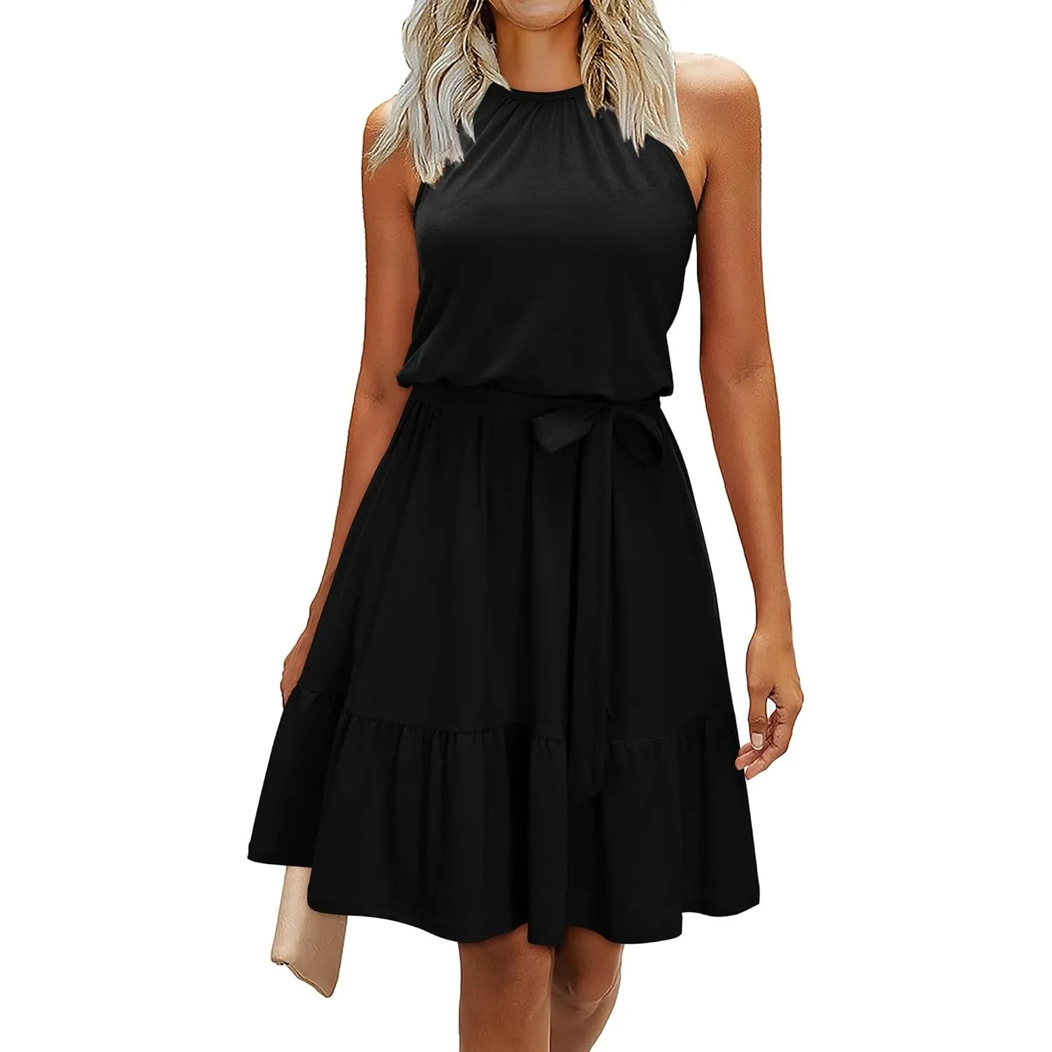 Newshows Sommerkleider Damen Knielang Elegant Kleid Blumenmuster Neckholder Rüschen Freizeitkleider mit Taschen