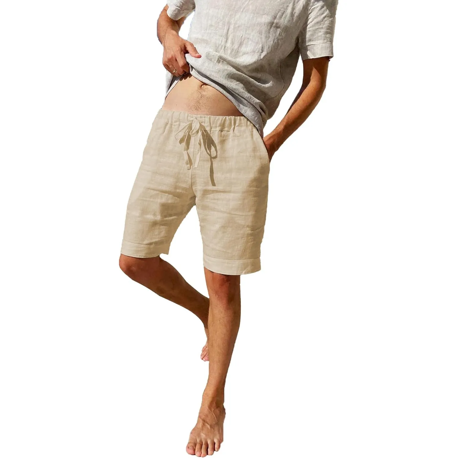 LVCBL Shorts Herren Kurze Hosen Herren Baumwolle Leinen mit Gummizug Freizeithose Shorts Herren Sommer Casual Leicht mi…