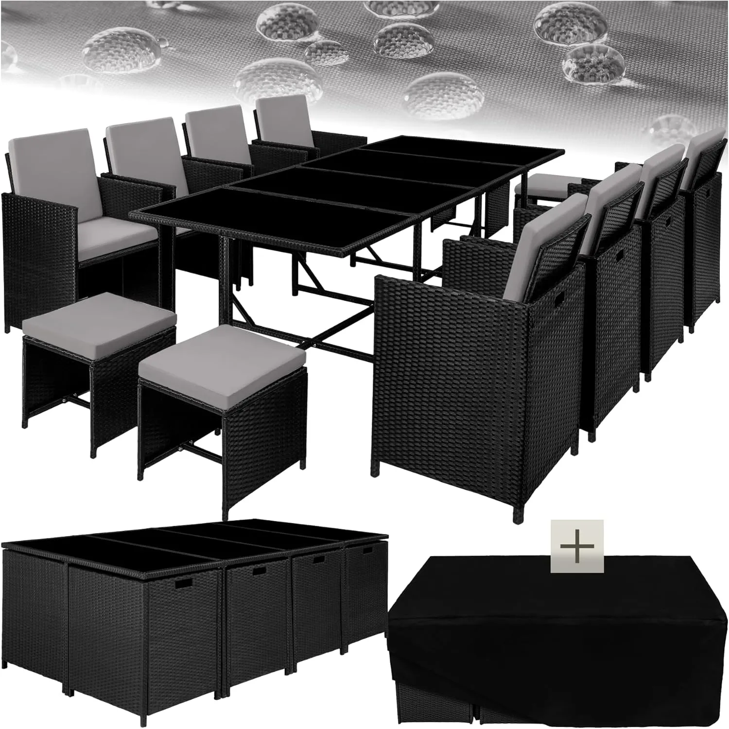 tectake Garden Lounge Set, Polyrattan Garden Furniture Set, 8 + 4 + 1 Seating Set, 8 Chairs 4 Stools 1 Table, Balcony F…