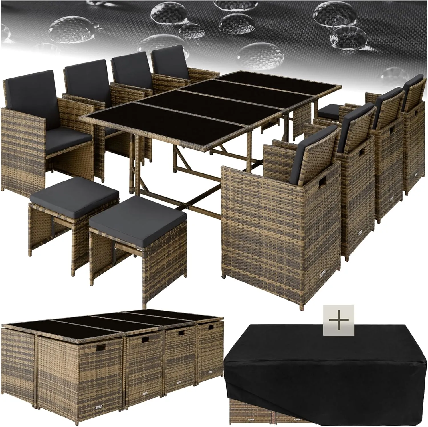 tectake Gartenlounge Set, Polyrattan Gartenmöbel Set, 8+4+1 Sitzgruppe, 8 Stühle 4 Hocker 1 Tisch, Balkon Möbel als Wür…