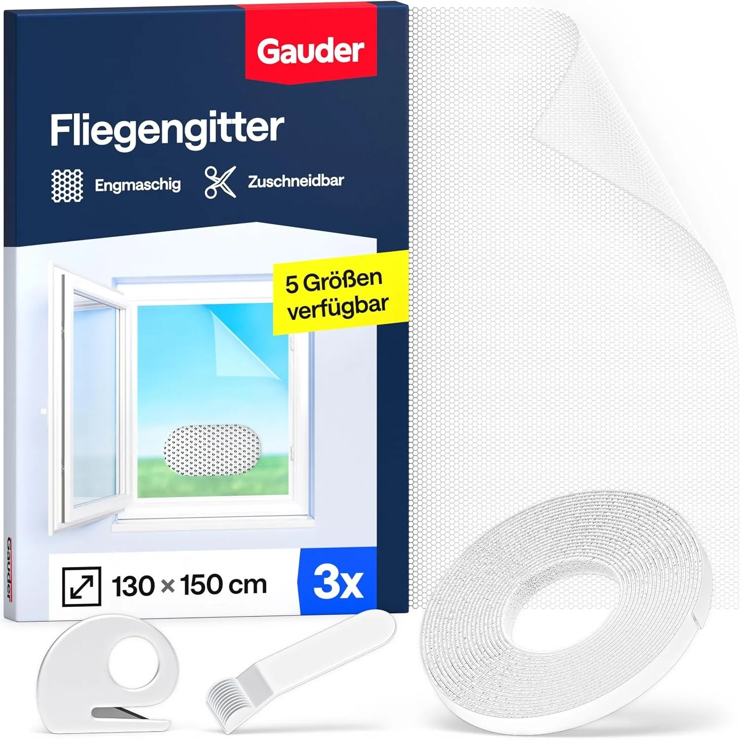 GAUDER Fliegengitter Fenster, Insektenschutz ohne Bohren (3 Stk, 130x150cm)