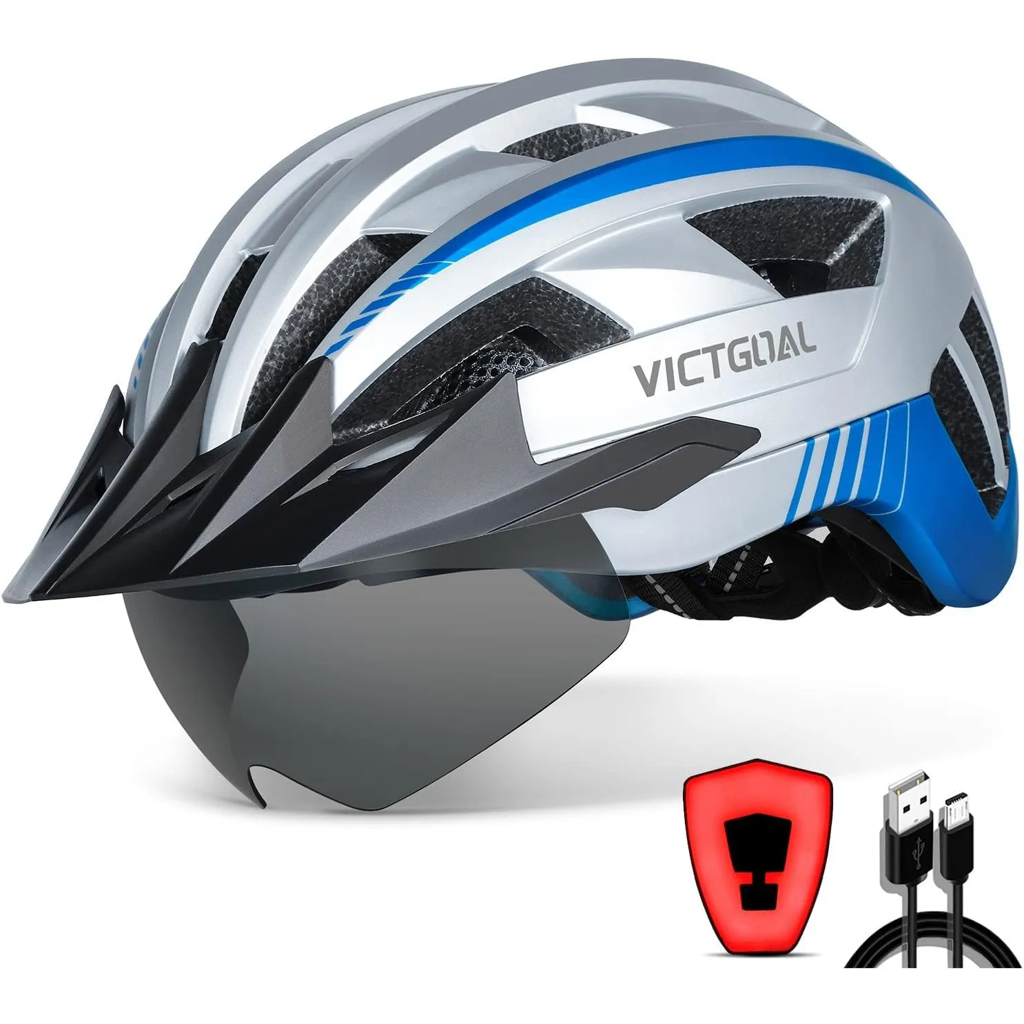 VICTGOAL Fahrradhelm Herren Damen mit Visier, USB Rücklicht, Magnetbrille | Aufladbares Rücklicht, Abnehmbares Visier, …