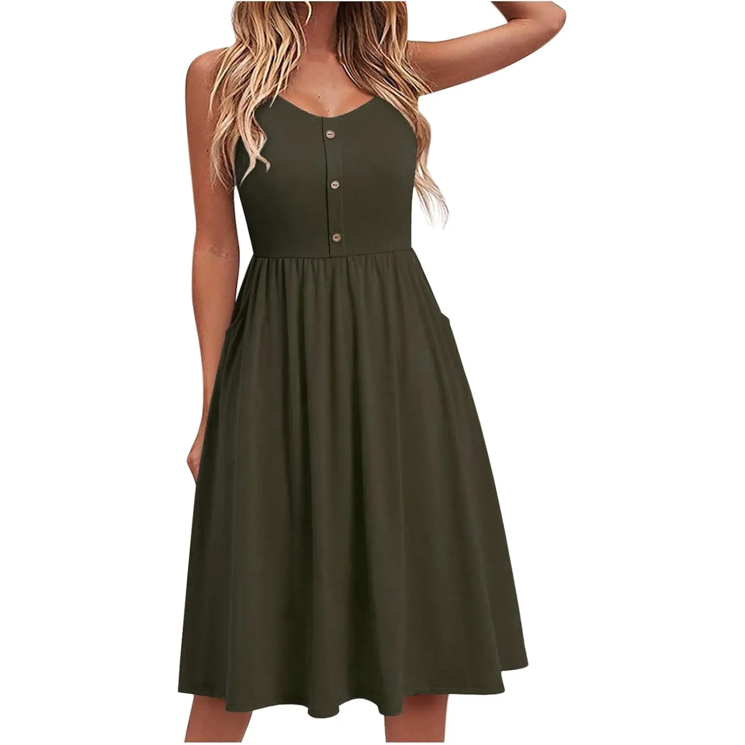 Yageshark Sommerkleid Damen Einfarbig Spaghetti Swing Knielang A-Linien Knopf Kleid Midikleid