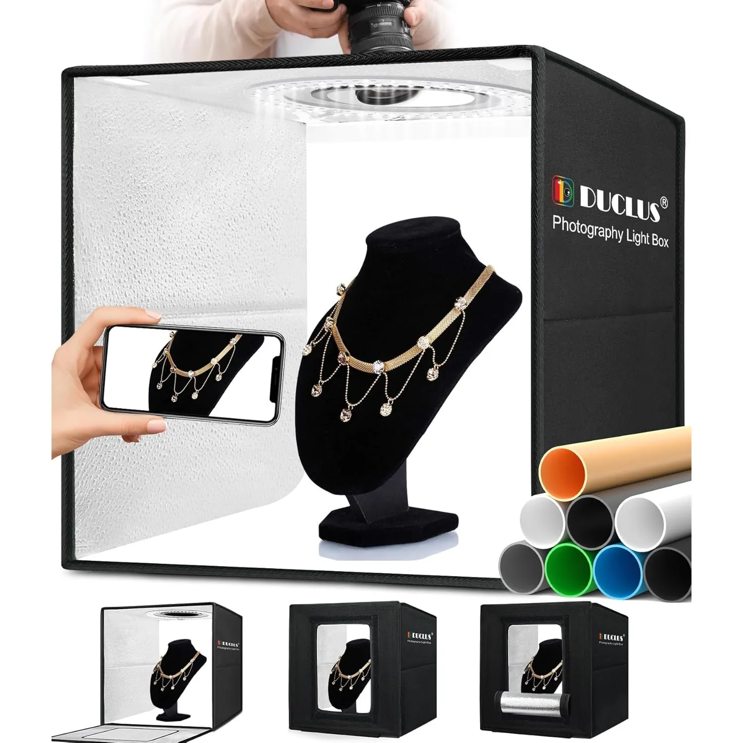 DUCLUS Fotobox 40x40 cm Faltbare Fotostudio, 5500K Dimmbare Lichtzelt Set mit 160 LED Beleuchtung und 8 Produktfotograf…