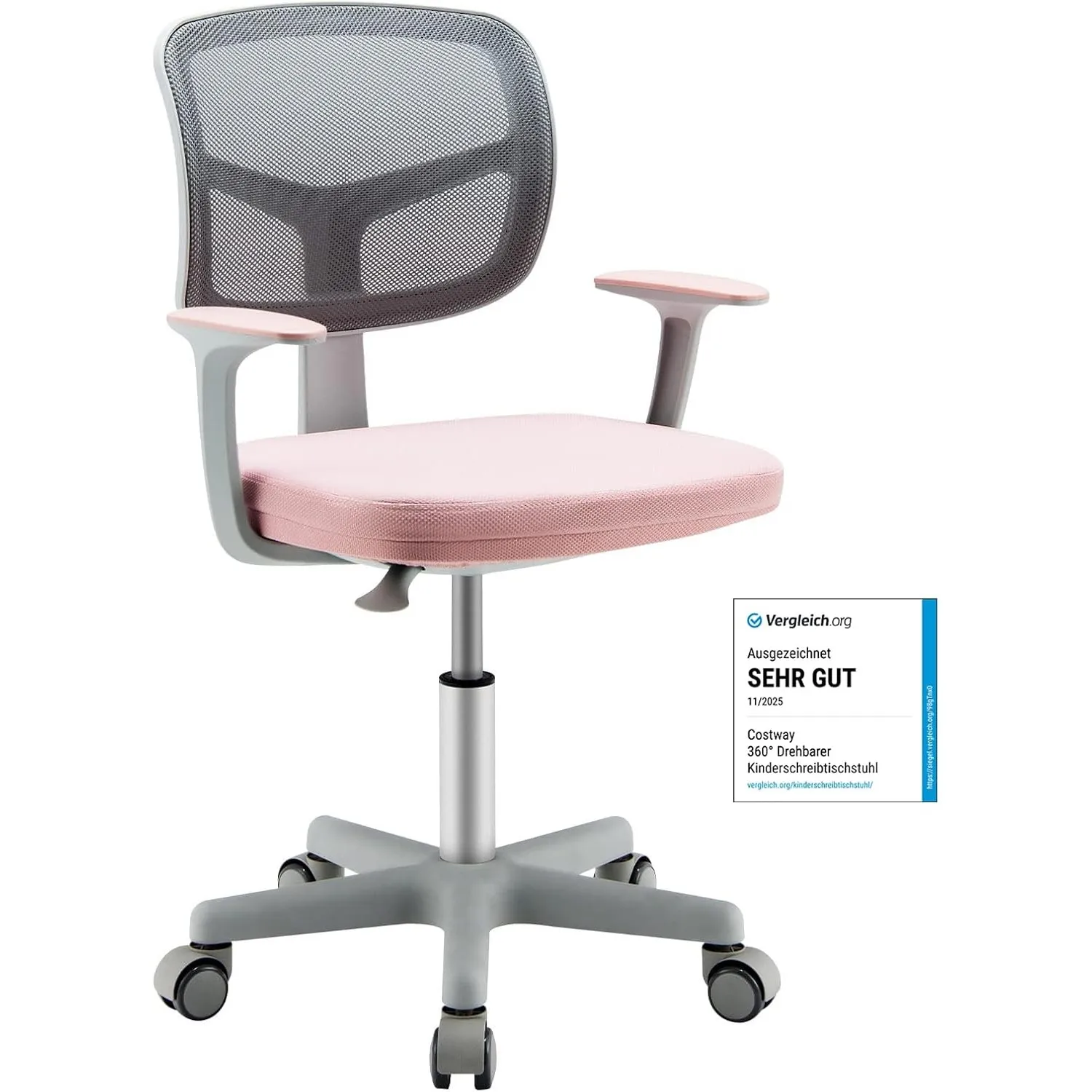 COSTWAY Schreibtischstuhl Kinder 360° drehbar, Sitzhöhe 40-54 cm (Rosa)