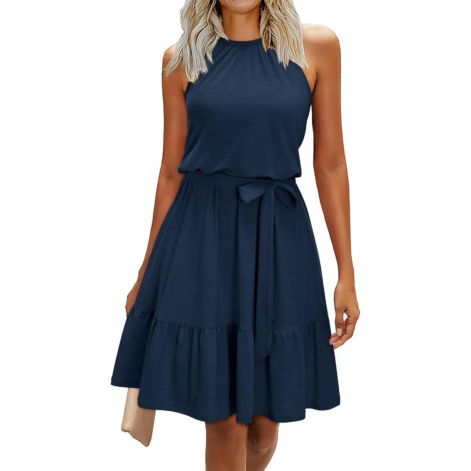 Newshows Sommerkleider Damen Knielang Elegant Kleid Blumenmuster Neckholder Rüschen Freizeitkleider mit Taschen